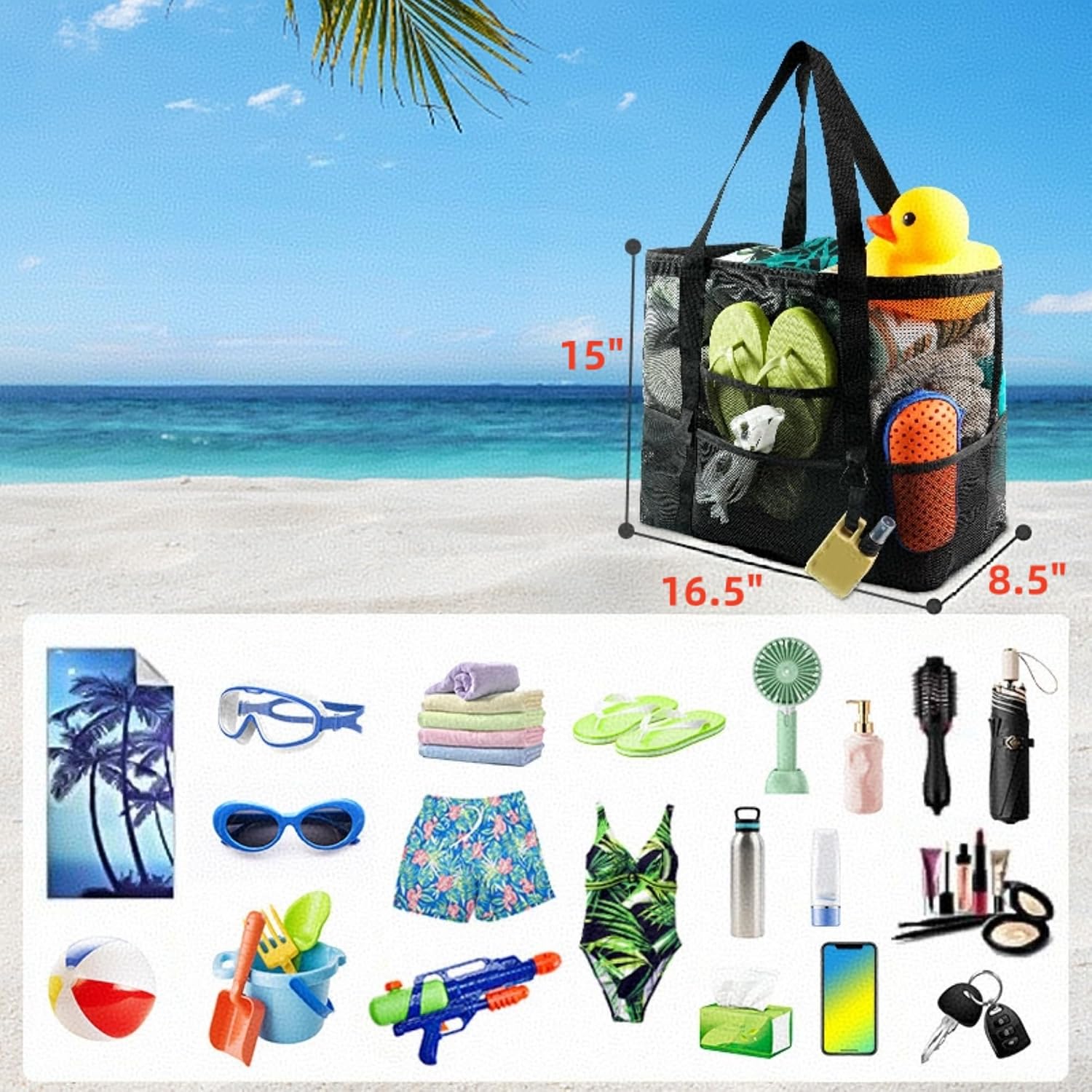 Mesh Beach Bags, Large Waterproof and Sandproof Tote Bag for Beach Vacation Essentials for Travel, Summer Accessories