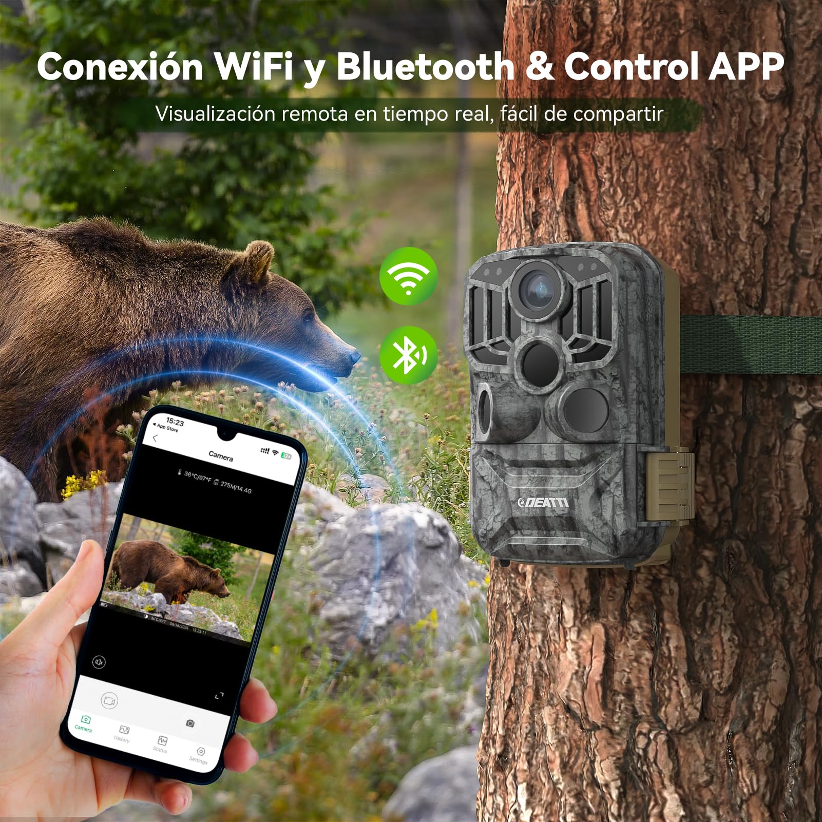 DEATTI Camara de Caza WiFi 4K 48MP,8 Pilas AA Tarjeta 32G Camara Fototrampeo con 0.1s Velocidad de Disparo y Gran Angular de 120° Camara Caza, IP66 Impermeable