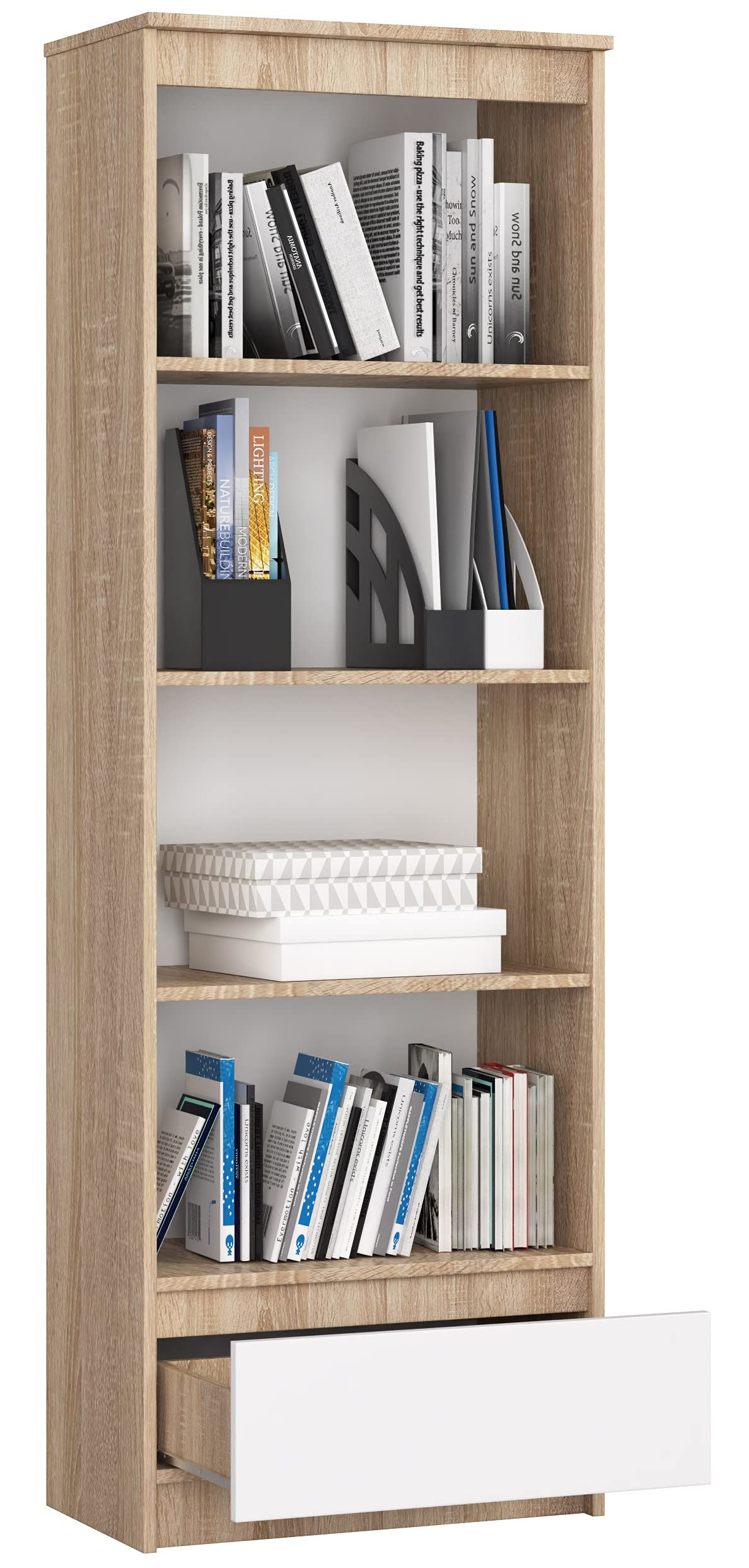 AKORD | Libreria per Ufficio 60 cm | Mobile con 1 Cassetto 4 Ripiani | Porta Libri | Mobiletto Camera de Letto | Scaffale Soggiorno | Salvaspazio | Eiken Sonoma/Wit