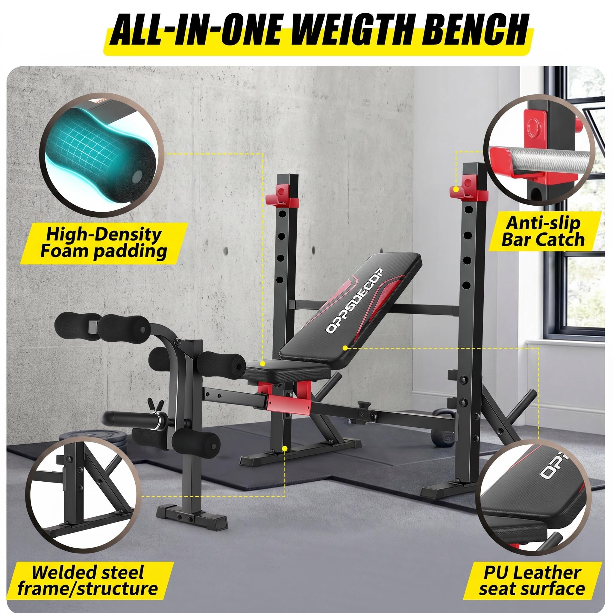 OPPSDECOR Adjustable Olympic Weight Bench with Rack & Leg Curl Sliding Seat | Fits Up to 6'4" 900LBS Heavy Duty Foldable Bench Press Set for Home Gym Flat Incline Decline Workout Bench for Tall People
