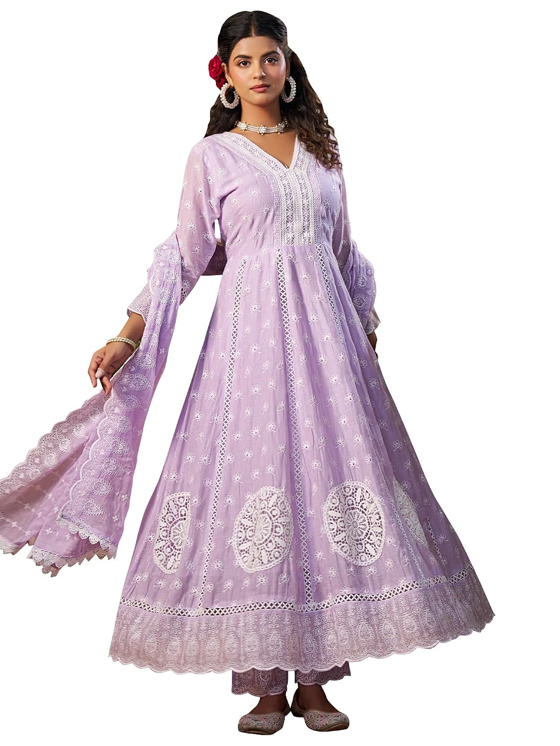 INDO ERA Women's Pure Cotton Embroidered Anarkali Kurta and Pant with Dupatta Set (IEOUT10173) - Review, Price and Buying Guide