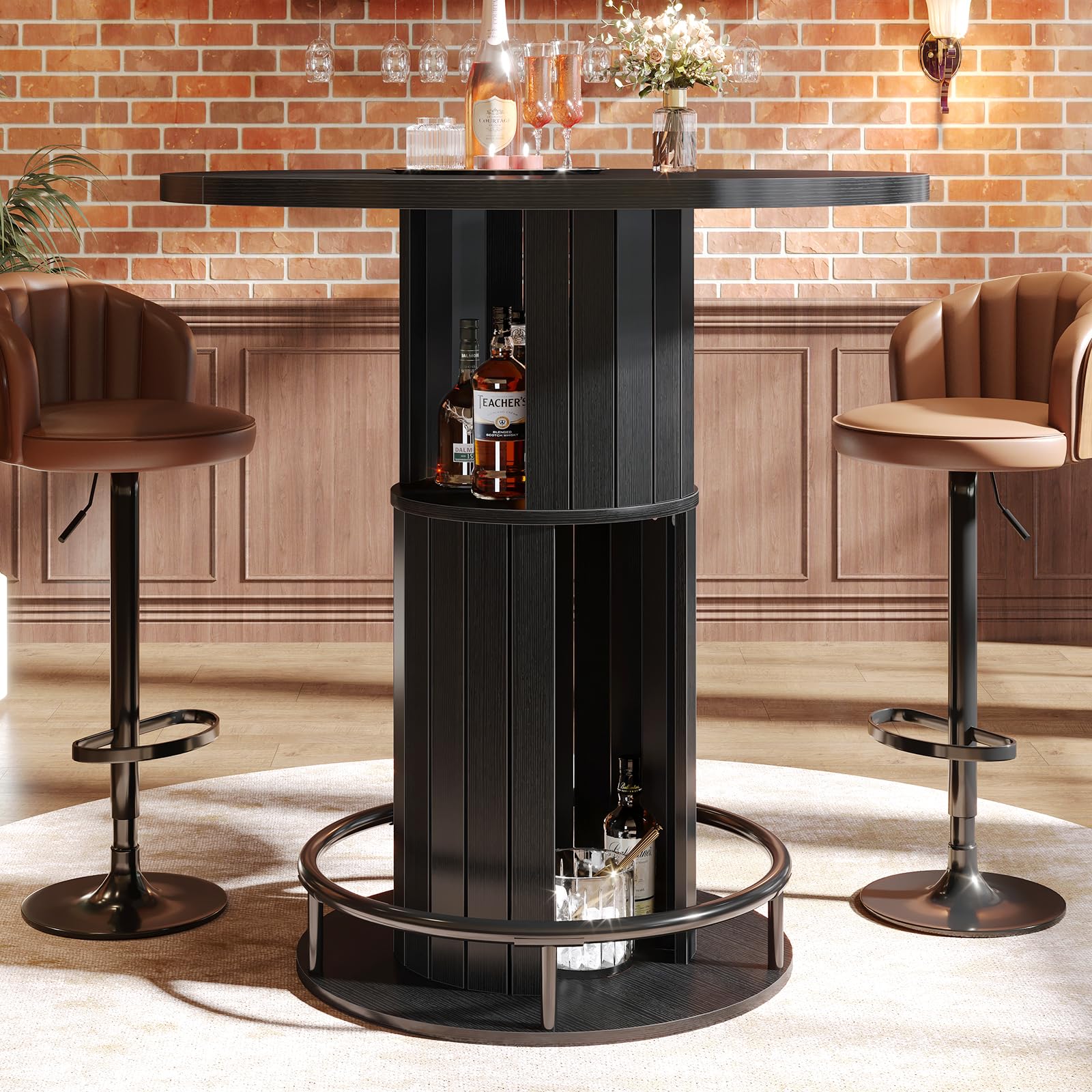 HSH Round Bar Table, 39.4"H Bar Height Bistro Pub Table With 2-Tier Storage
