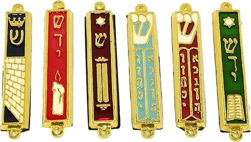 Miniatura 2 de Un conjunto de 6Gold Plated mezuzahs con diferentes temas esmaltado Cada uno es de unos 3inches