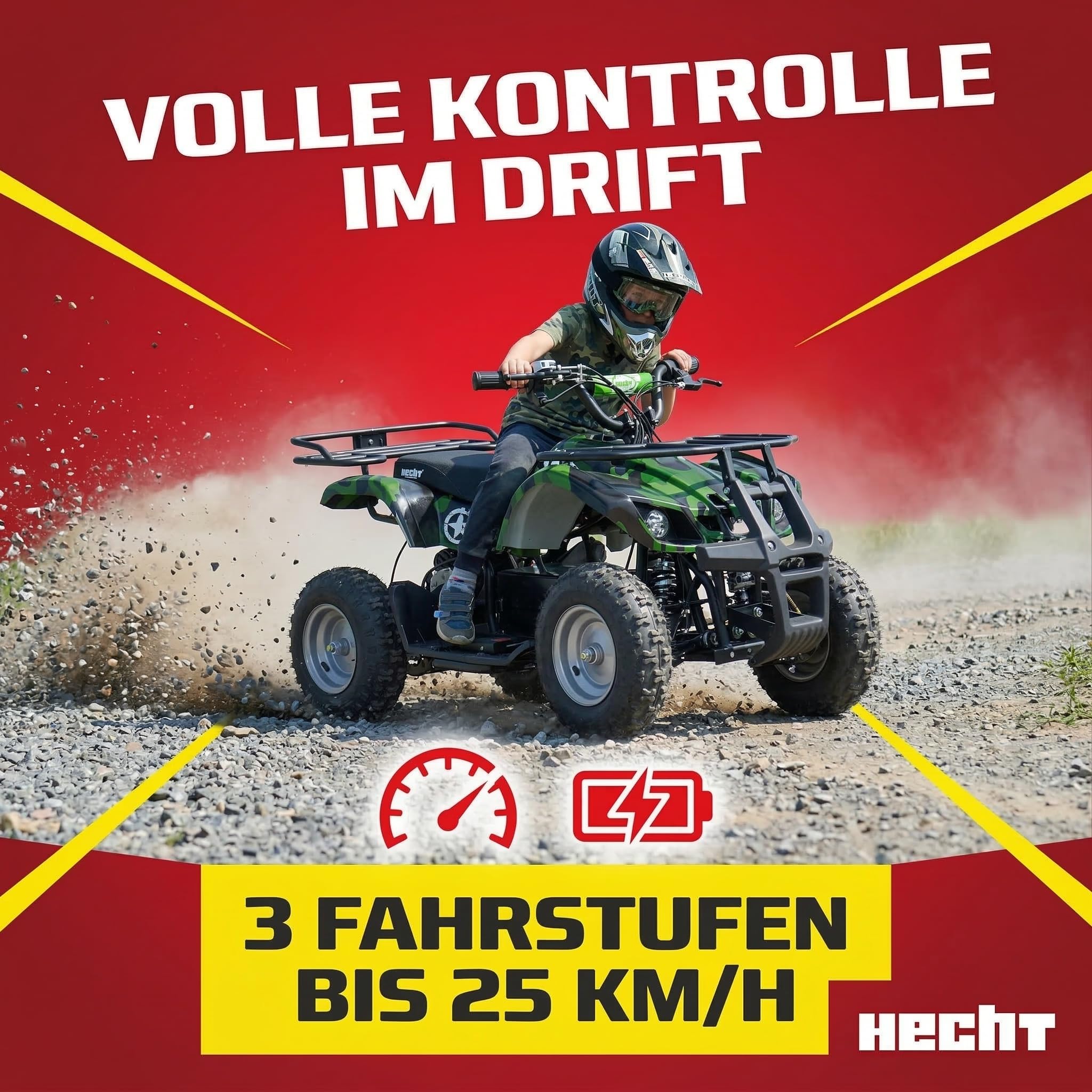 HECHT Elektro Kinderquad bis 25 km/h – Offroad Quad für Kinder mit 1000 W Motor, 36 V/12 Ah Blei-Gel-Akku, 3 Fahrstufen, Scheibenbremsen vorn/hinten & verstellbarer Federung (Army)