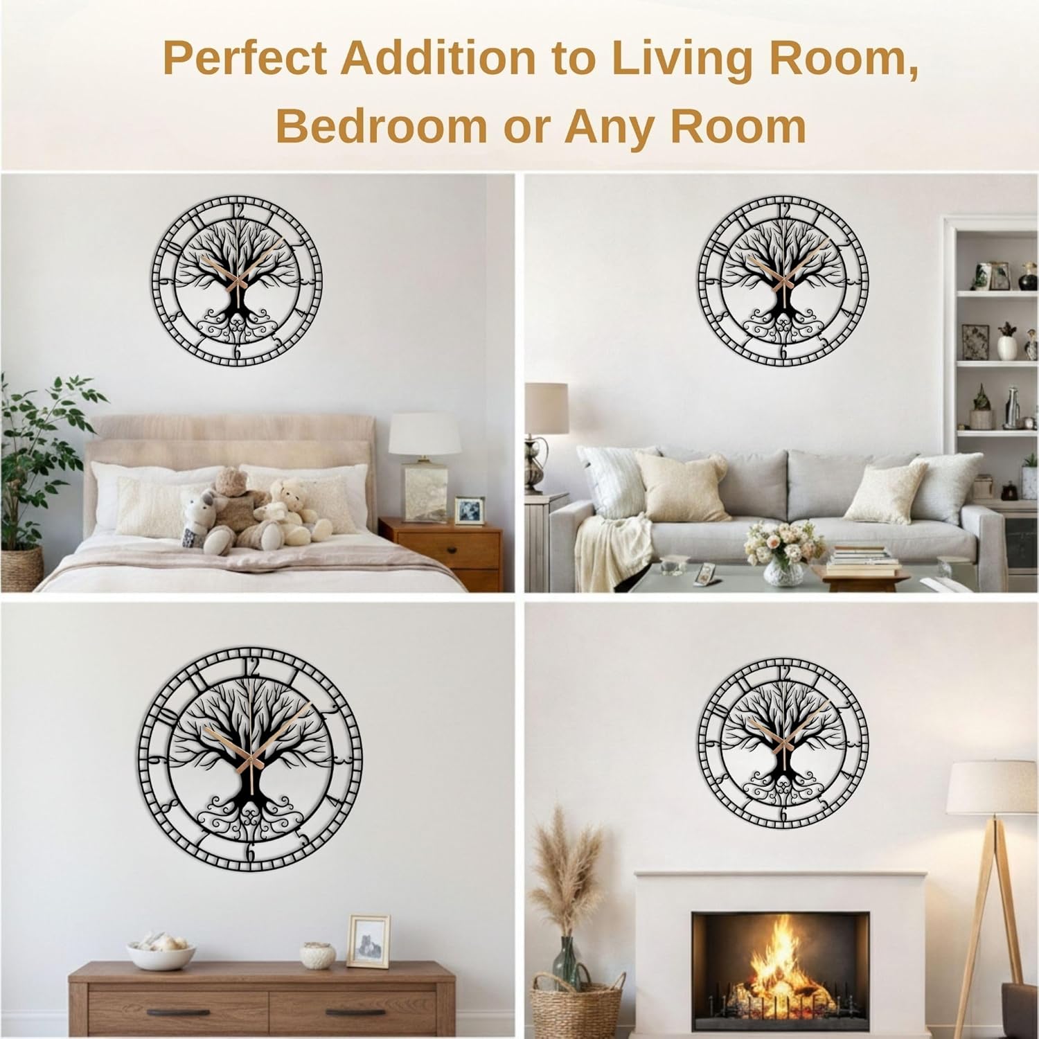 Metal Large Wall Clock, Tree of Life Design Clock, Battery Operated Non Ticking Silent Black Clocks for Home, Living Room, Farmhouse, Office, Kitchen Decoration, Housewarming Gifts, New Home Decor