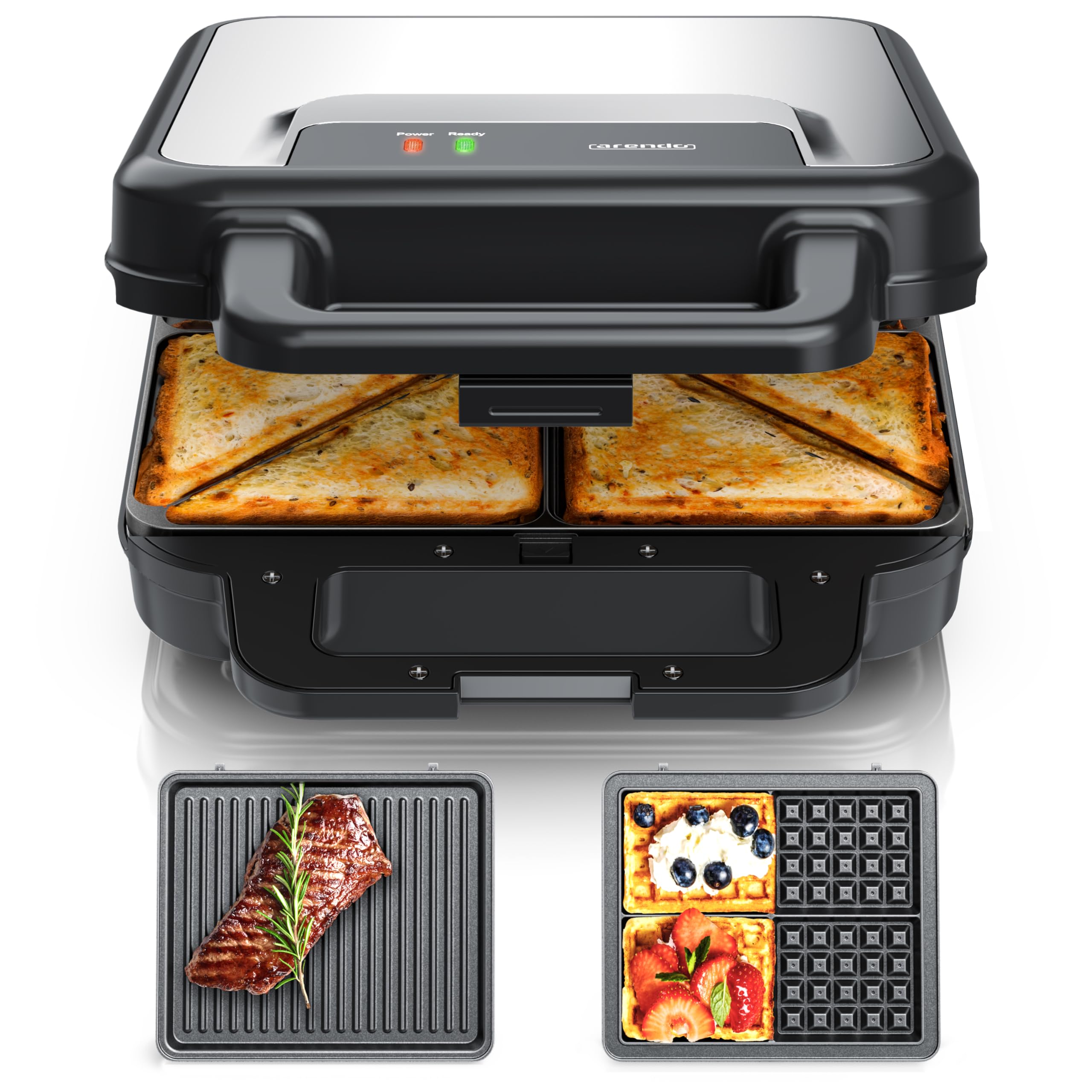 Arendo - Sandwichmaker XXL 4er - 3 in 1 Waffeleisen Kontaktgrill mit abnehmbaren Platten - mit Antihaftbeschichtung - BPA frei - Temperaturkontrolle – Sandwichtoaster - 4er Platten