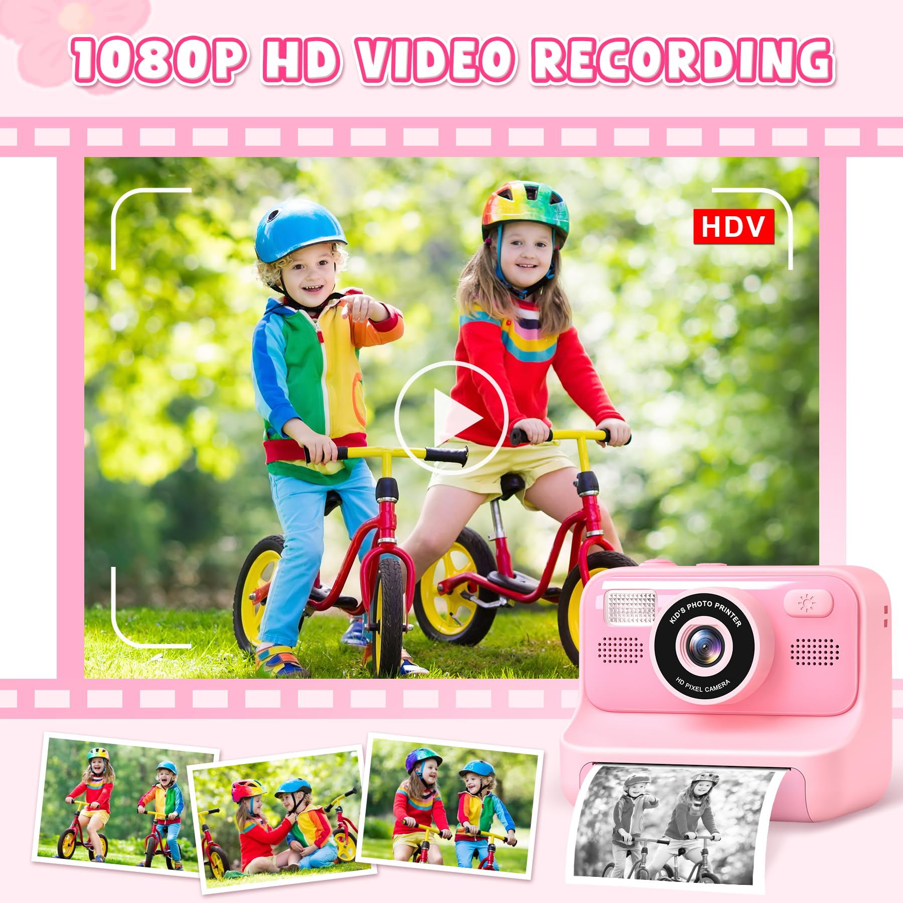 Subtail Cámara de impresión instantánea para niños, cámara instantánea de 2.4 pulgadas para niños con tarjeta de 32 GB, 3 rollos de papel de impresión, cámaras digitales para selfies de 1080P para