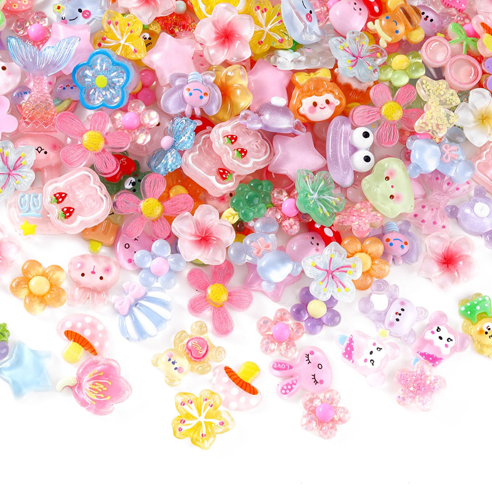 Copbopwn 100 PCS Mixed Cute Slime Charms Bulk Set, Kawaii Flatback Resin Charms for Slime Making, DIY Crafts, Junk Journal, Phone Case Decoden, Scrapbooking Embellishments, Random Style