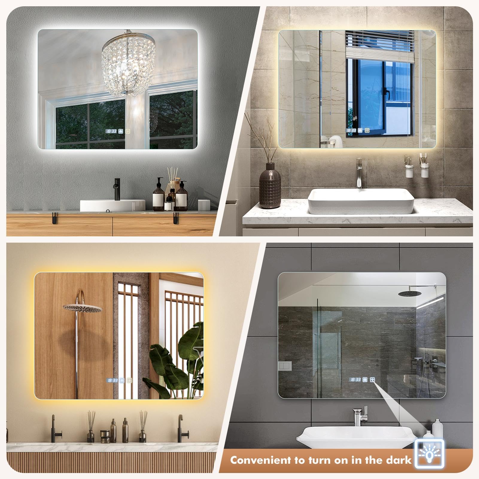 Viugreum Espejo Baño con Luz LED Regulable en 3 Colores, Cuadrado 80 * 60cm Luz de Baño Espejo de Pared con Interruptor Táctil, Función Antivaho, Ajuste de Brillo, Espejos LED Retroiluminado