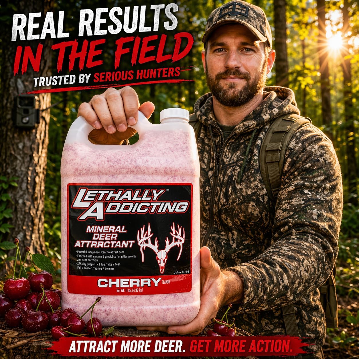 Deer Mineral & Attractant – 12lb 1-Year Supply Jug – Trophy Whitetail Attractor for Trail Cameras, Hunting Sites & Mineral Licks | USA Made (Cherry Flavored Deer Attractant)