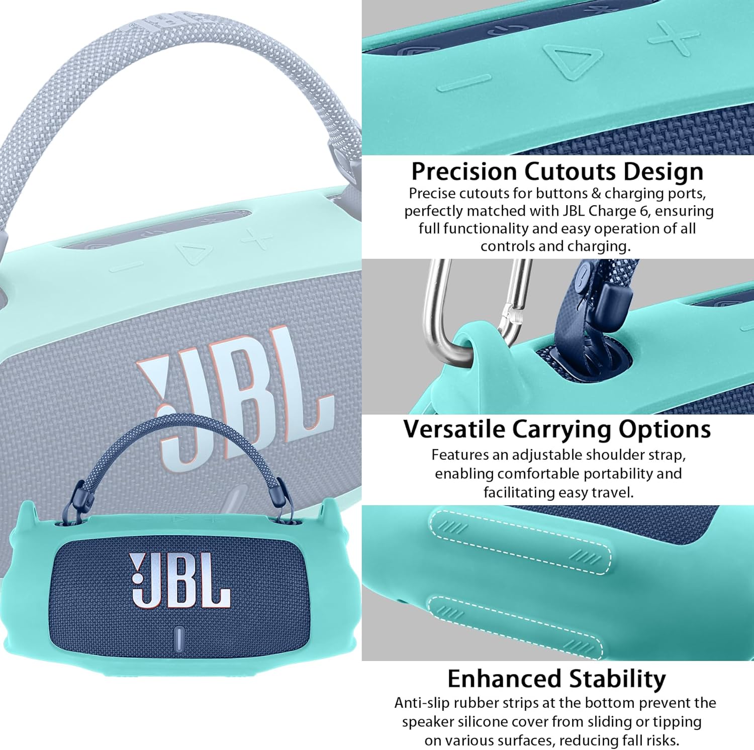 khanka for JBL Charge 6 Waterproof Portable Bluetooth Speaker Silicone Case,Soft Protective Sleeve Cover with Shoulder Strap for JBL Charge 6 Speaker (Mint Green) - Image 5
