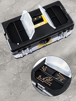 CROWNSHOP 14 Inch Metal Tool Box with Tray & Dual Latch Storage Case | Metal Storage Case System 14in 3-layer organizer with removable tray & dual latch for workshop garage DIY use storage box