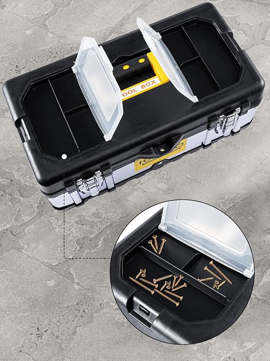 CROWNSHOP 14 Inch Metal Tool Box with Tray & Dual Latch Storage Case | Metal Storage Case System 14in 3-layer organizer with removable tray & dual latch for workshop garage DIY use storage box