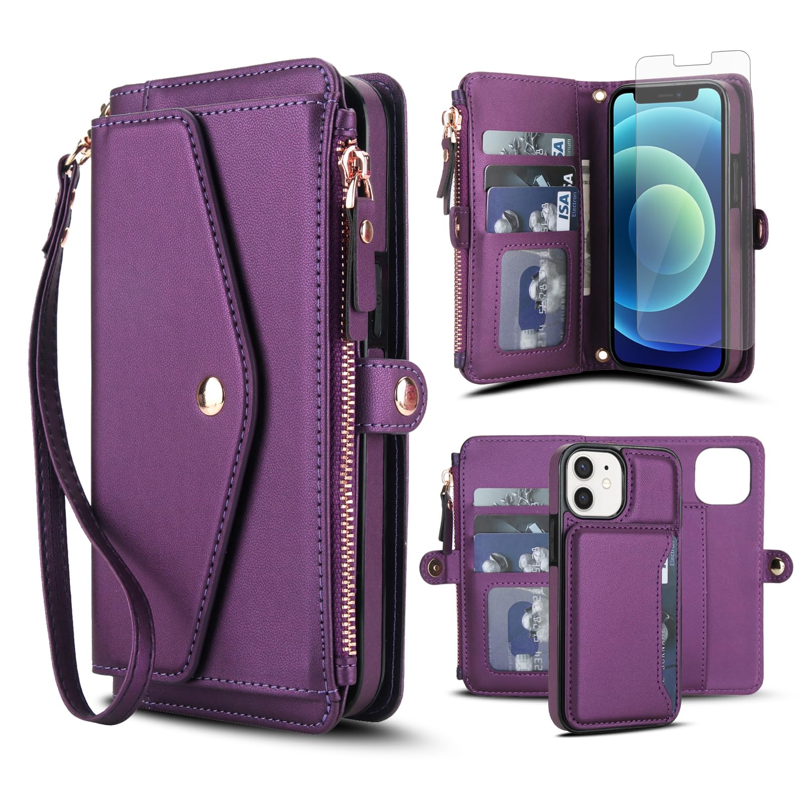 Phone Case for iPhone 12 Mini 5.4 Wallet Cover Compatible with Magsafe RFID Screen Protector Crossbody Lanyard Strap Flip Card Holder Slot Zipper Cell