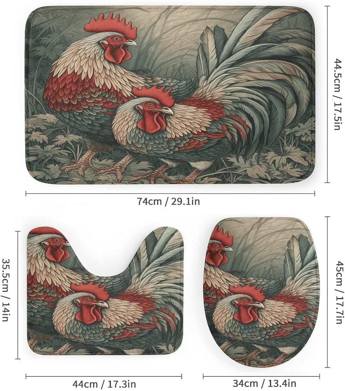 Drawing of Chicken 4Pcs Shower Curtain Set with Non-Slip Rugs, Toilet Lid Cover and Bath Mat,Bathroom Set Decor Accessories,Curtain Set with 12 Hooks, 72 X 72 Inch