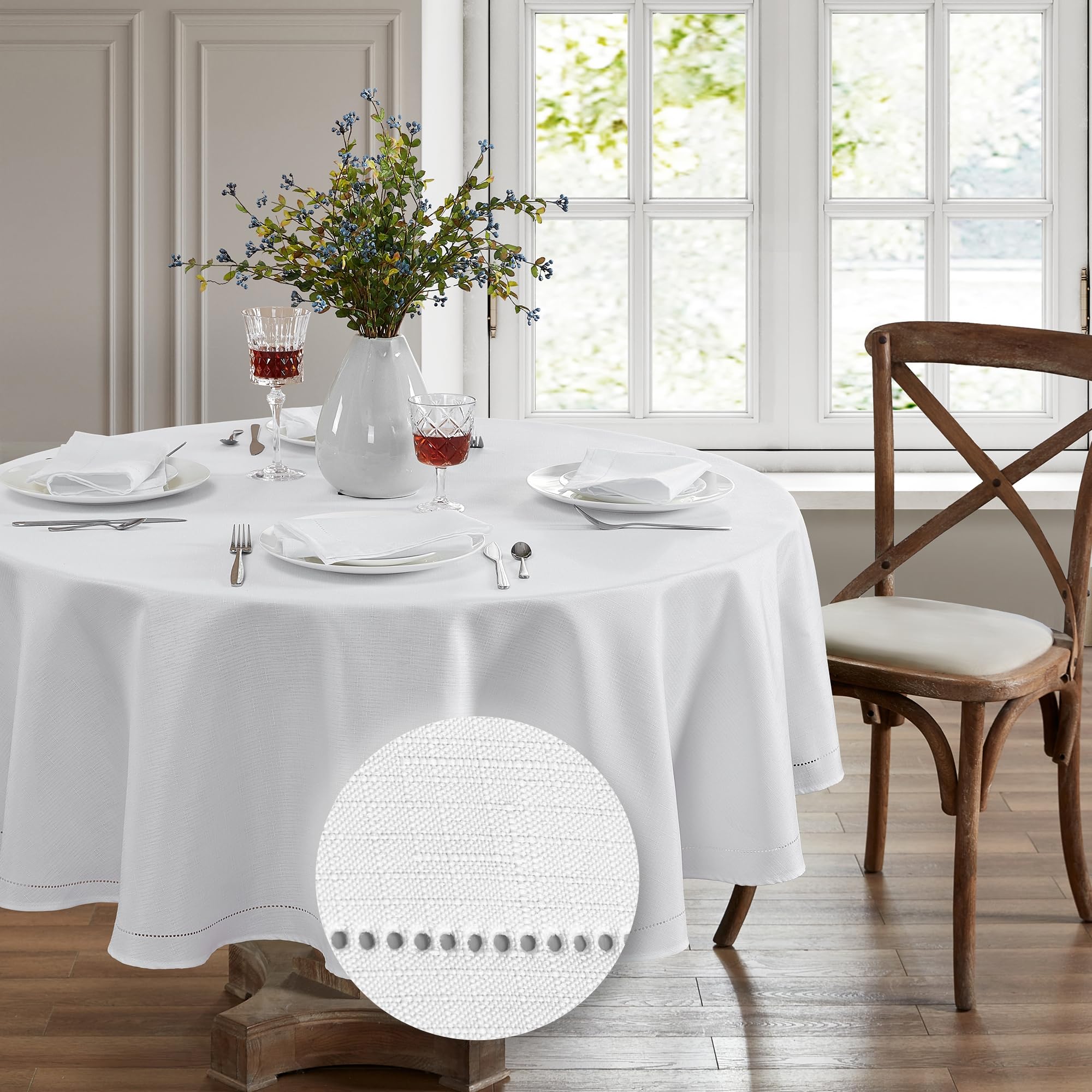 Elrene Home Fashions Alison Eyelet Border Design Border Wrinkle Resistant Fabric Tablecloth, 70"x70" Round, White