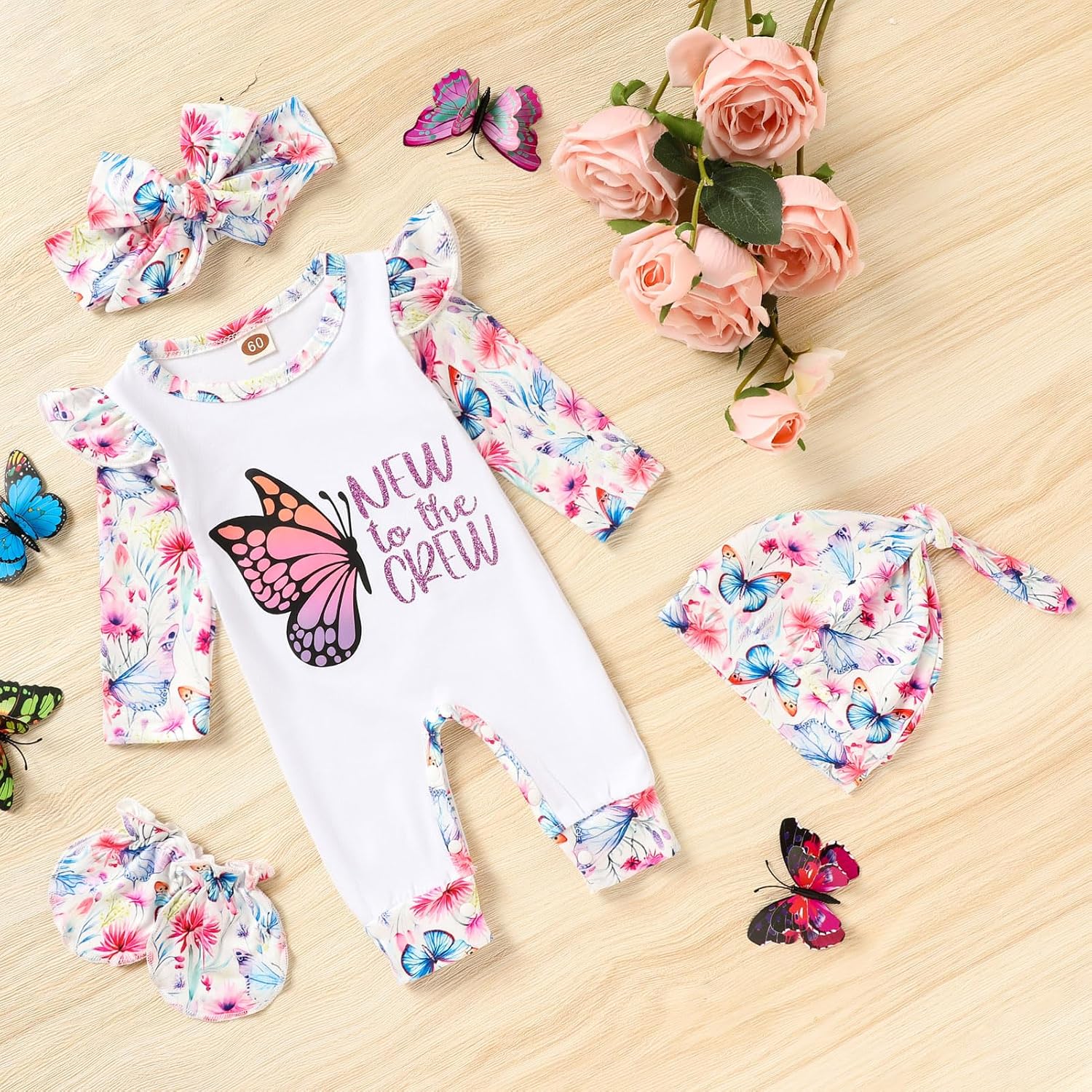 GRNSHTS Newborn Baby Girl Romper Infant Letter Print Jumpsuit Floral Bodysuit+Hat+Headband+Gloves Coming Home Clothes Outfits image 2