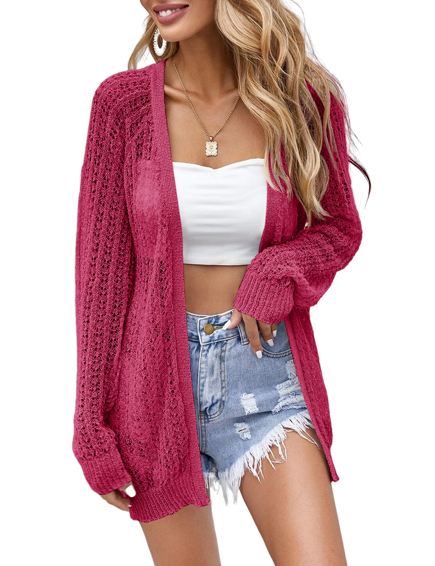 Photo 1 of Women Crochet Lightweight Cardigan Cover Up Open Front Long Sleeve Summer Cardigans Magenta - M