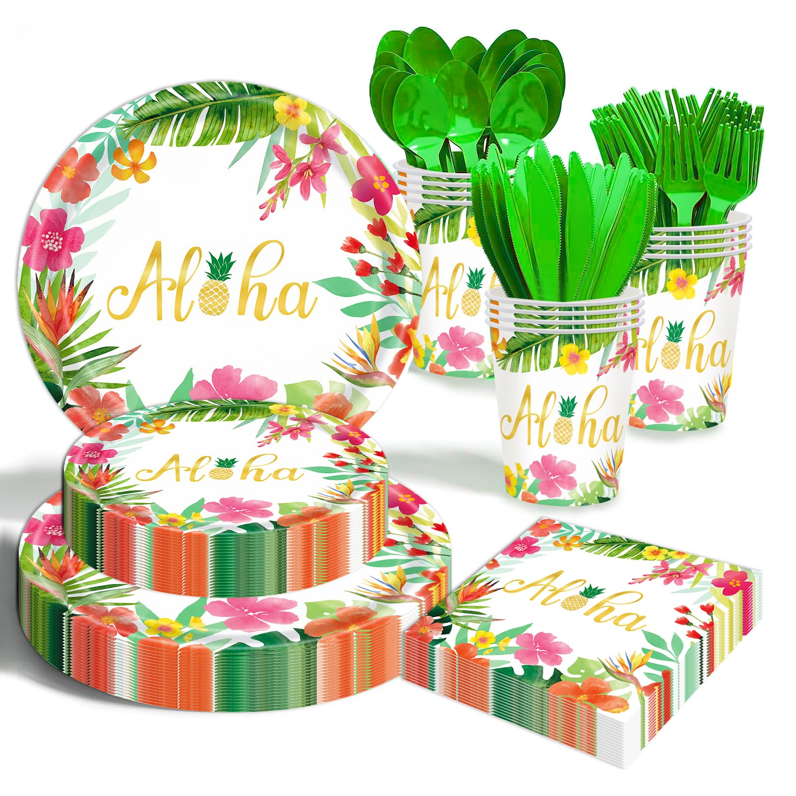 Hawaiian Luau Party Decorations Supplies - 175 PCS Aloha Tropical Birthday Party Decorations Disposable Dinnerware Set (25 Guest) With Paper Plates
