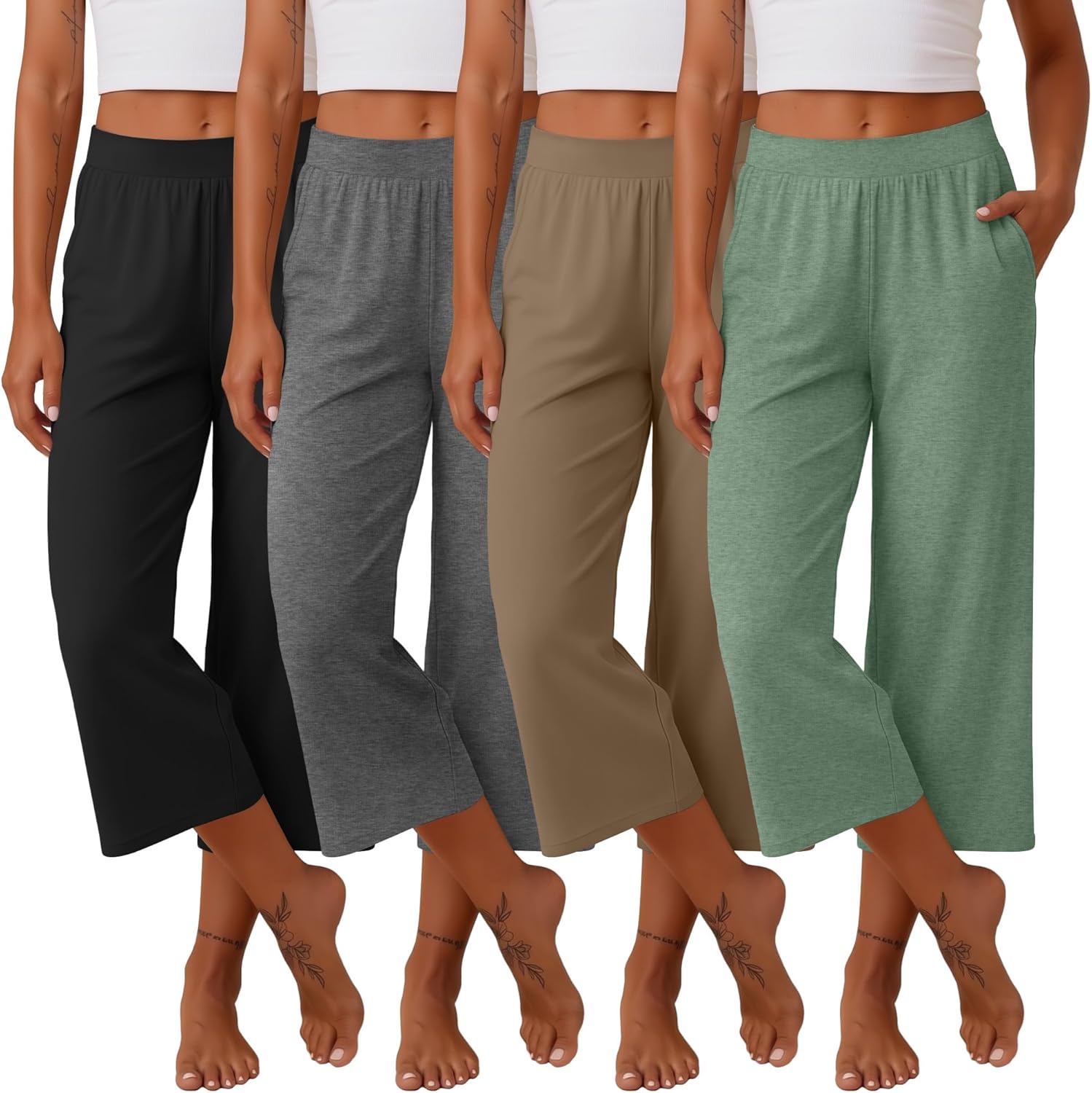 Neer 4 Pack Women's Capri Pants Wide Leg Capris Yoga Sweatpants Lounge Loose Fit High Waist Workout Cropped Pants with Pocket