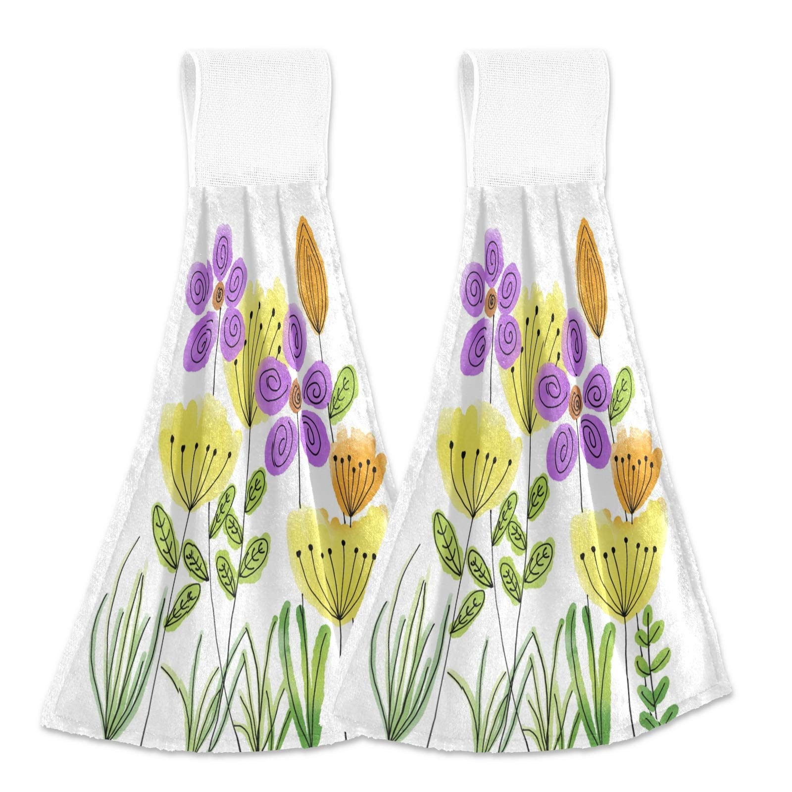 Lot De 2 Torchons De Cuisine à Séchage Rapide à Suspendre En Velours Corail Doux Pour Cuisine Et Salle De Bain Motif Fleurs Violettes Et Jaunes