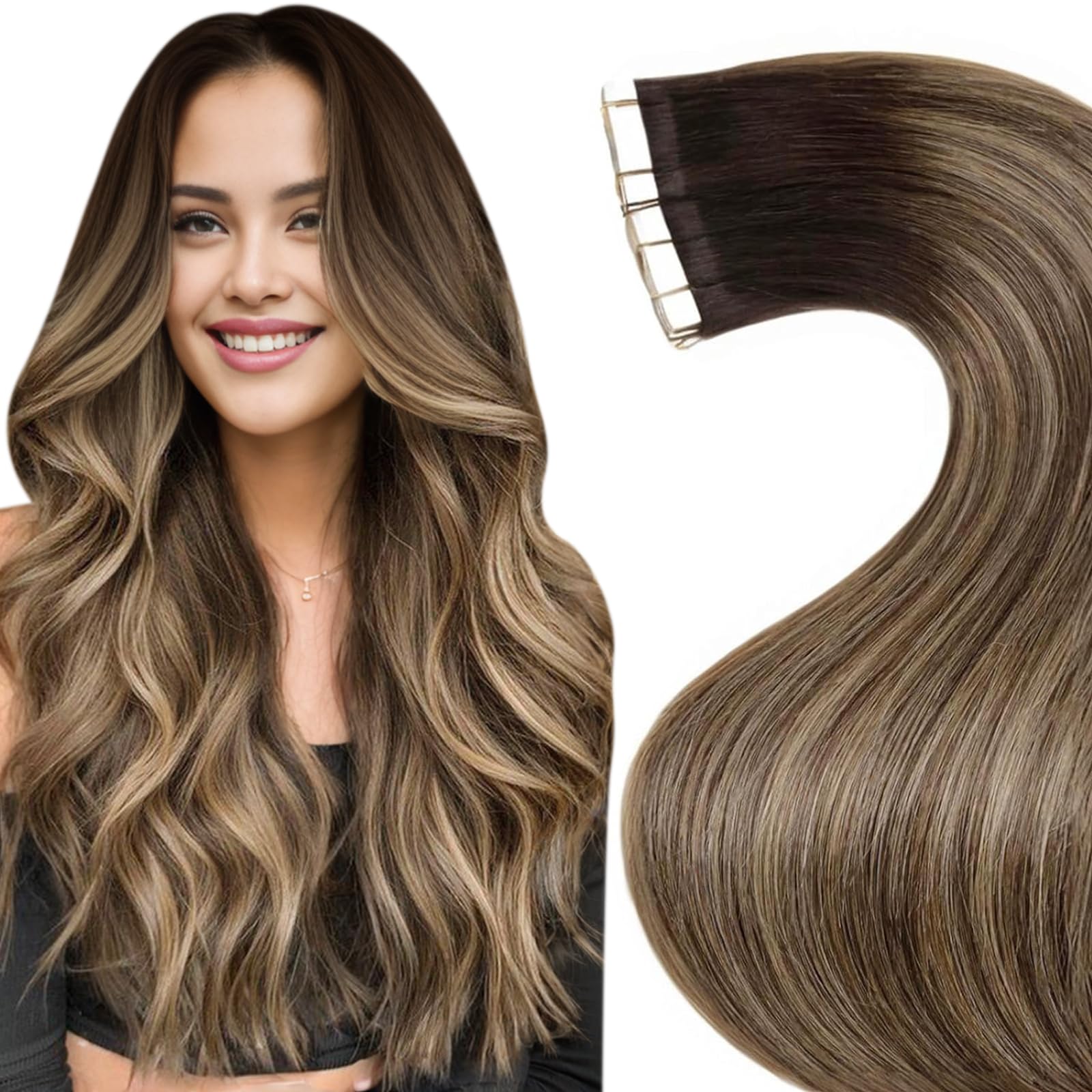 LaaVoo Tape in Hair Extensions Human Hair Dark Brown Tape Hair Extensions Real Human Hair 20 Inch Invisible Tapes Remy Straight Balayage Dark Brown Mix Blonde Hair Double Sided Tabs 20pcs 50g #4/27/4
