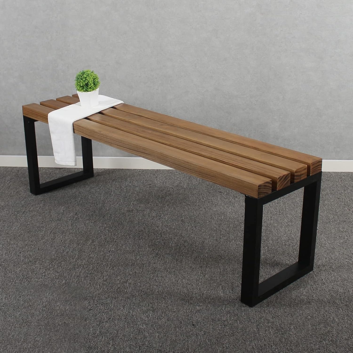 MBQQ Outdoor Soild Wood Bench,55 inch Patio Picnic Bench,Oil Finished Backless Wooden Garden Park Bench for Patio Porch, Modern Slim Indoor Dining Furniture,Sandblast Finish/Rustic Metal,Teak Color