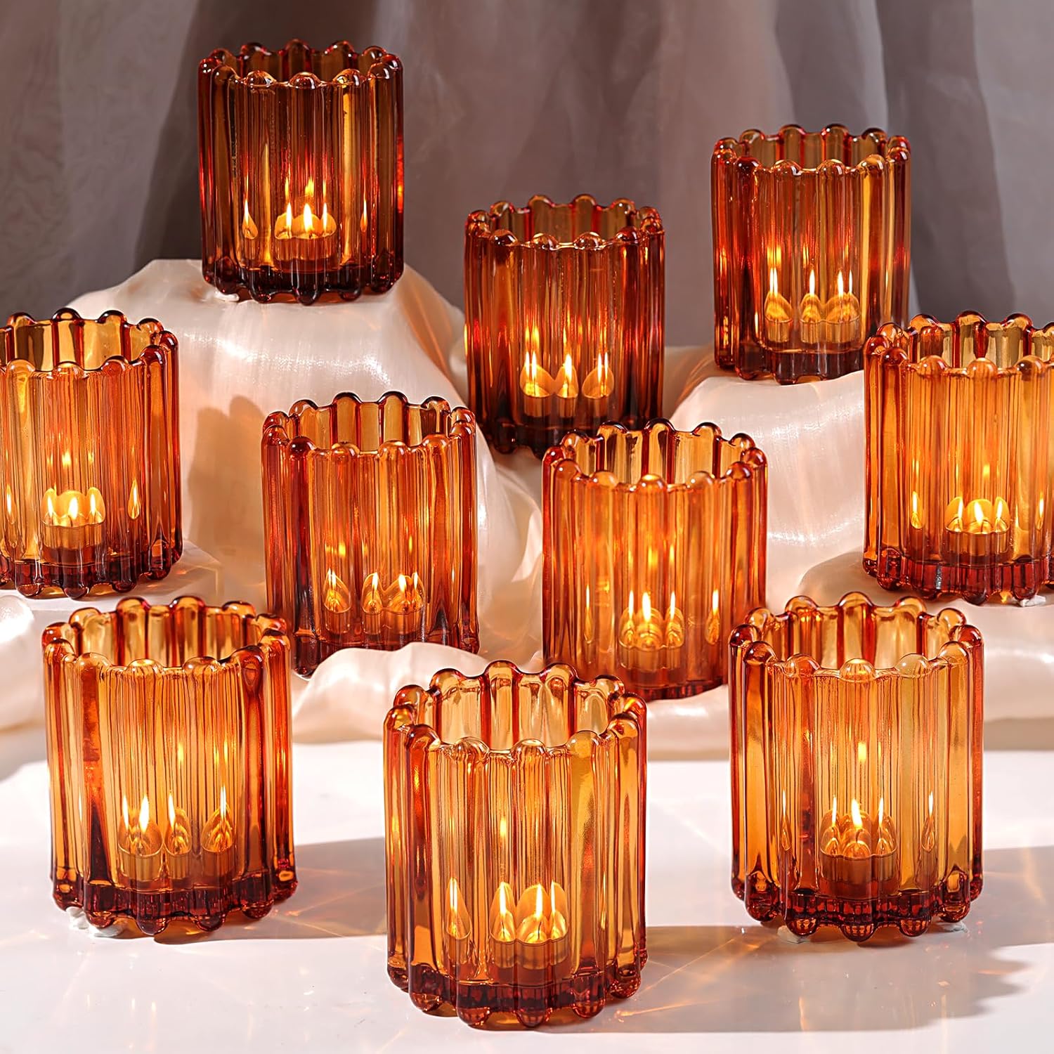 Glass Amber Votive Candle Holder, Ribbed Votive Candle Holders Set of 12, Tealight Candle Holder for Wedding Centerpieces Dinner Party Table Decor