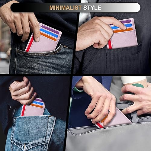 Miniatura 7 de Cartera Travelambo delgada, minimalista, con bolsillo frontal, de piel, de tamaño mediano con bloqueo RFID, Rosa, medio, Minimalista
