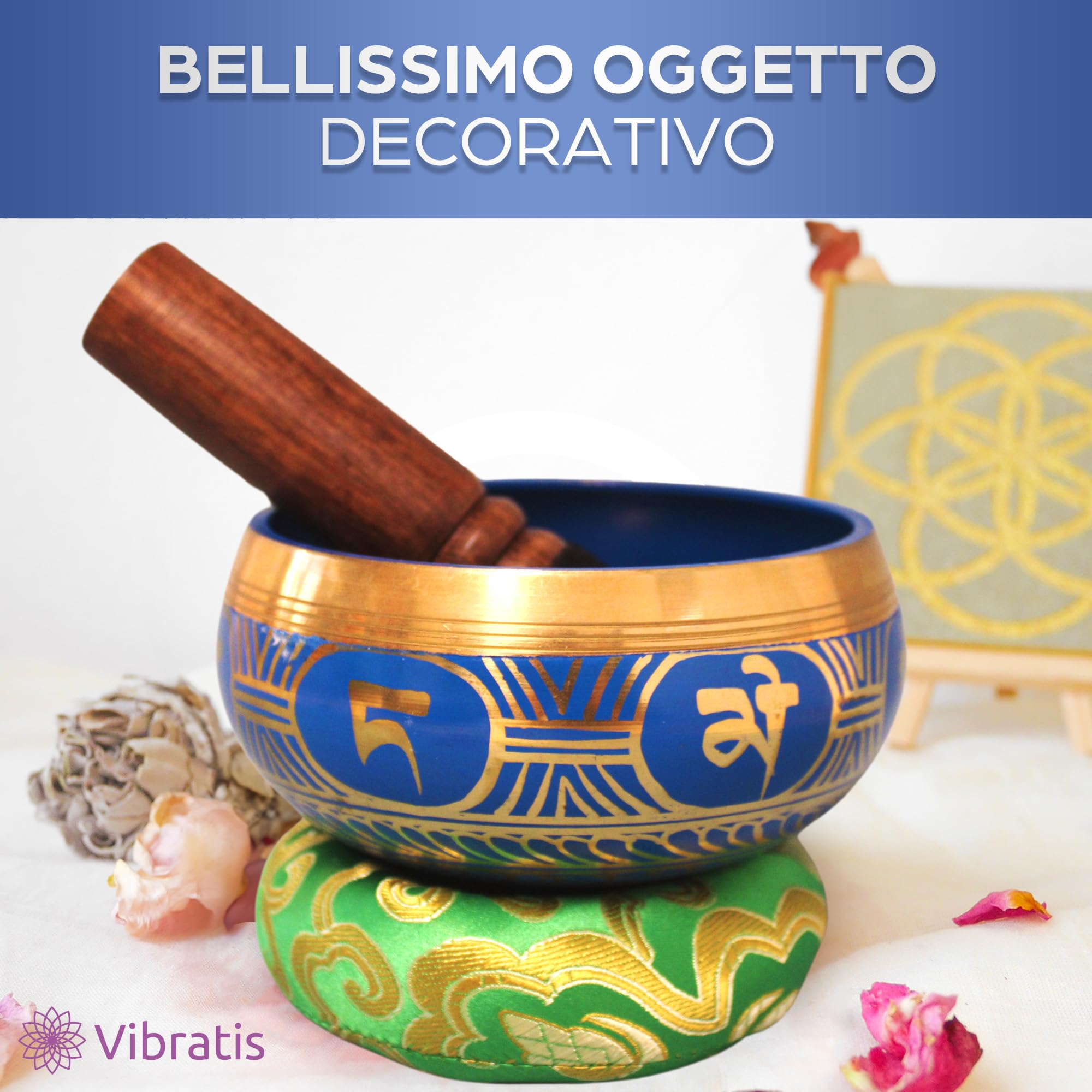 Campana Tibetana OM, Chakra Della Gola – Fatta a Mano in Nepal – Cuscino, Percussore in legno, Scatola in lotka – Meditazione – Rilassamento – Arredamento – Regalo perfetto