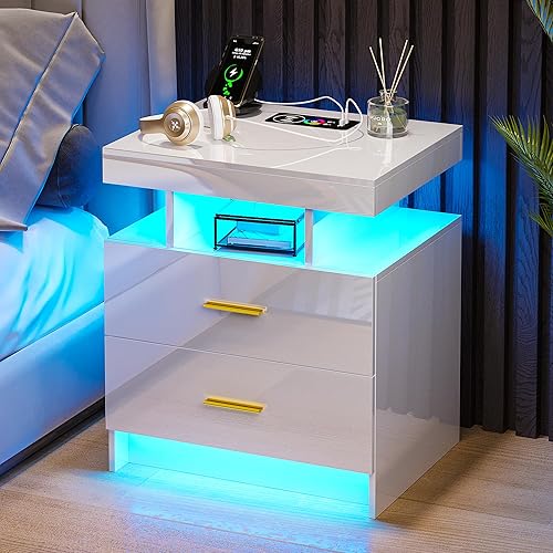 Mesita de noche LED con estación de carga, moderna mesita de noche blanca con luz de sensor corporal, mesita de noche con 2 cajones de