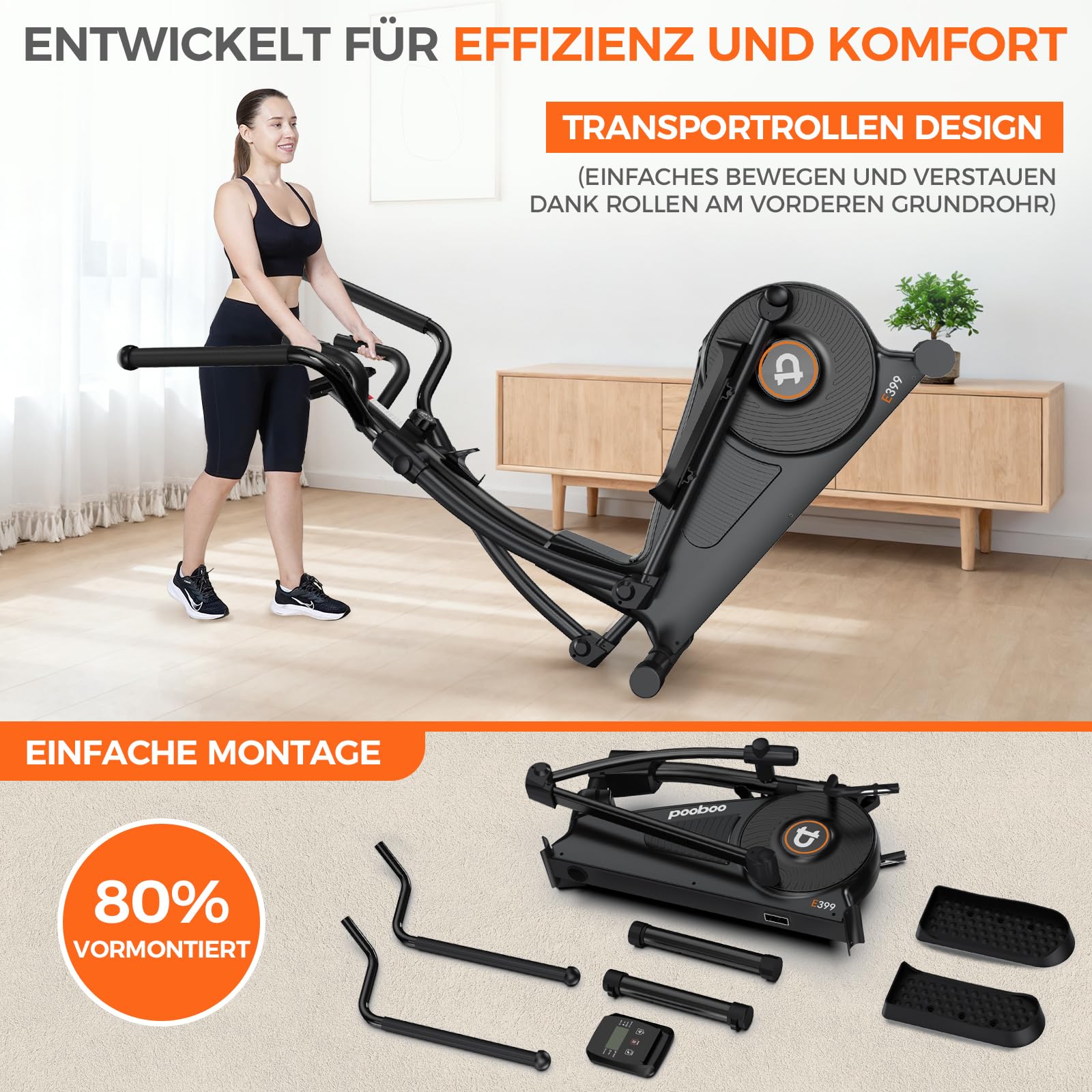 pooboo Elliptischer Crosstrainer 16-stufiger Widerstand hyperleises Magnetleitsystem LCD-Monitor 15,5 Zoll Schrittlänge