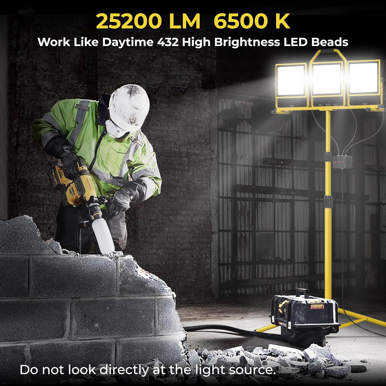 25200 Lumen Work Lights on Stand, Portable LED Work Lights with 3 Heads, 16FT Cord, Waterproof, Adjustable Tripod Stand Ideal for Indoor/Outdoor Workshops, Garages and Construction Sites