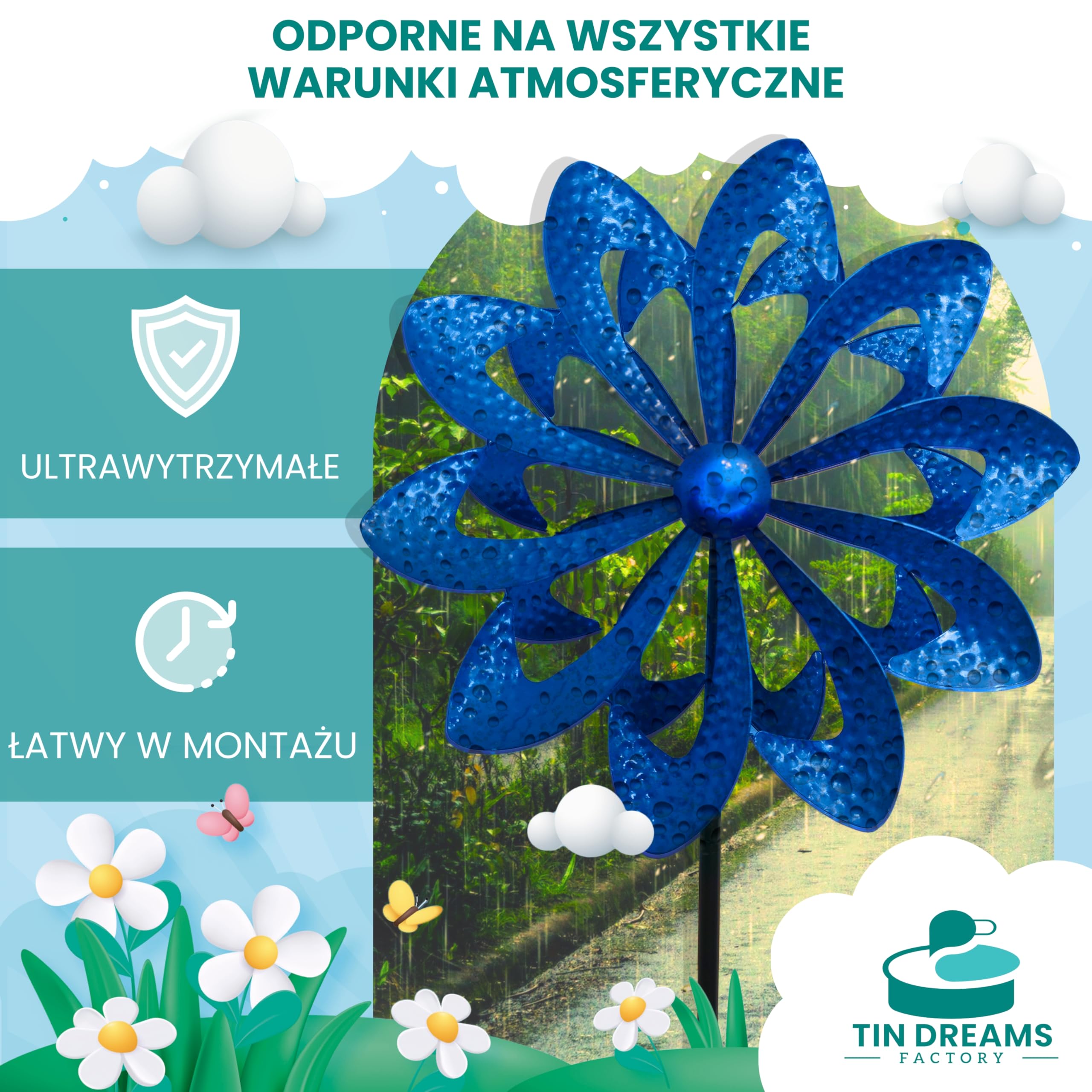 Wiatrak do Ogrodu - Wytrzymały Niebieski Młynek z Metalu - Oryginalna Dekoracja Zewnętrzna - Ogród, Dziedziniec i Taras - Obracająca się Dekoracja Ozdobna z Płynnym Ruchem