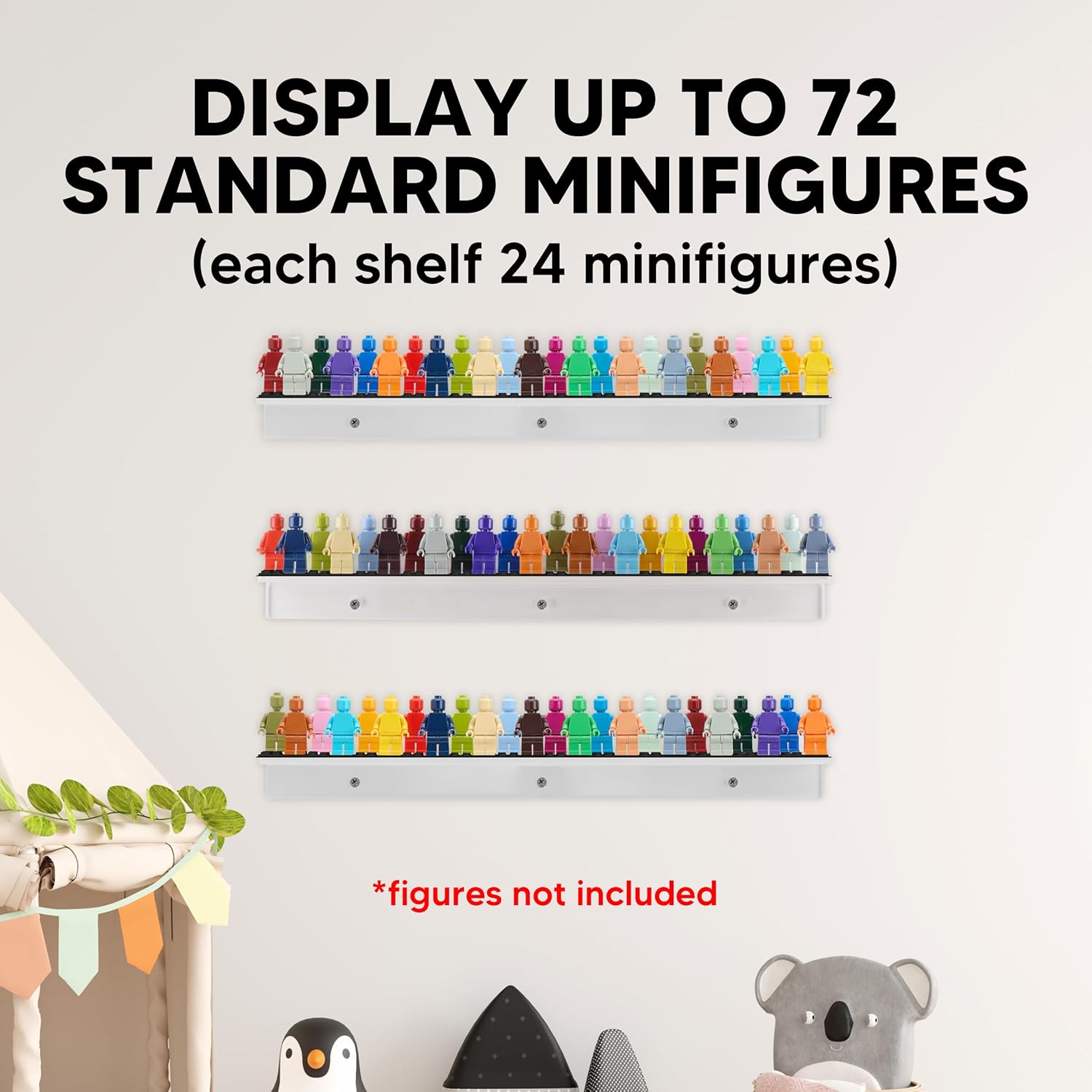 Tapeera 3-Pack Minifigure Display Case Holds Up To 72 Figures - Acrylic Floating Shelf Display With Brick Building Baseplates - Figure Display Cabinet Wall Mount - Minifig Organizer (Black Baseplates)