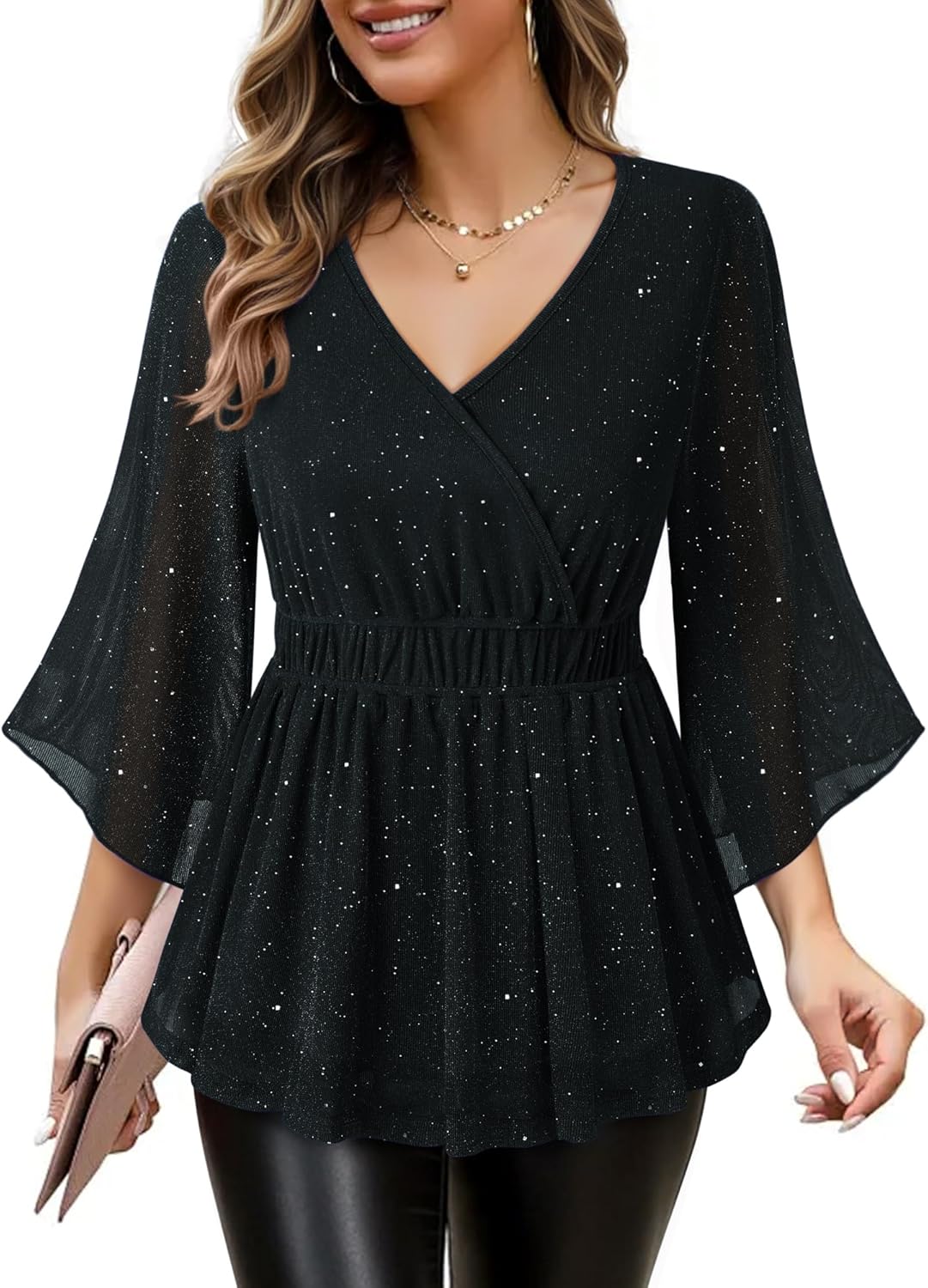 Gaharu Women's Formal Dressy Tops 3/4 Sleeve Double Layers Mesh Tunic Shirts Evening Party Blouse - Image 4