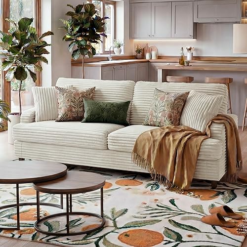 Ribilake 80 Inch Cream White Sofa Couch, Plush Corduroy Deep Seat Sofas for Living Room, Bedroom, Apartment