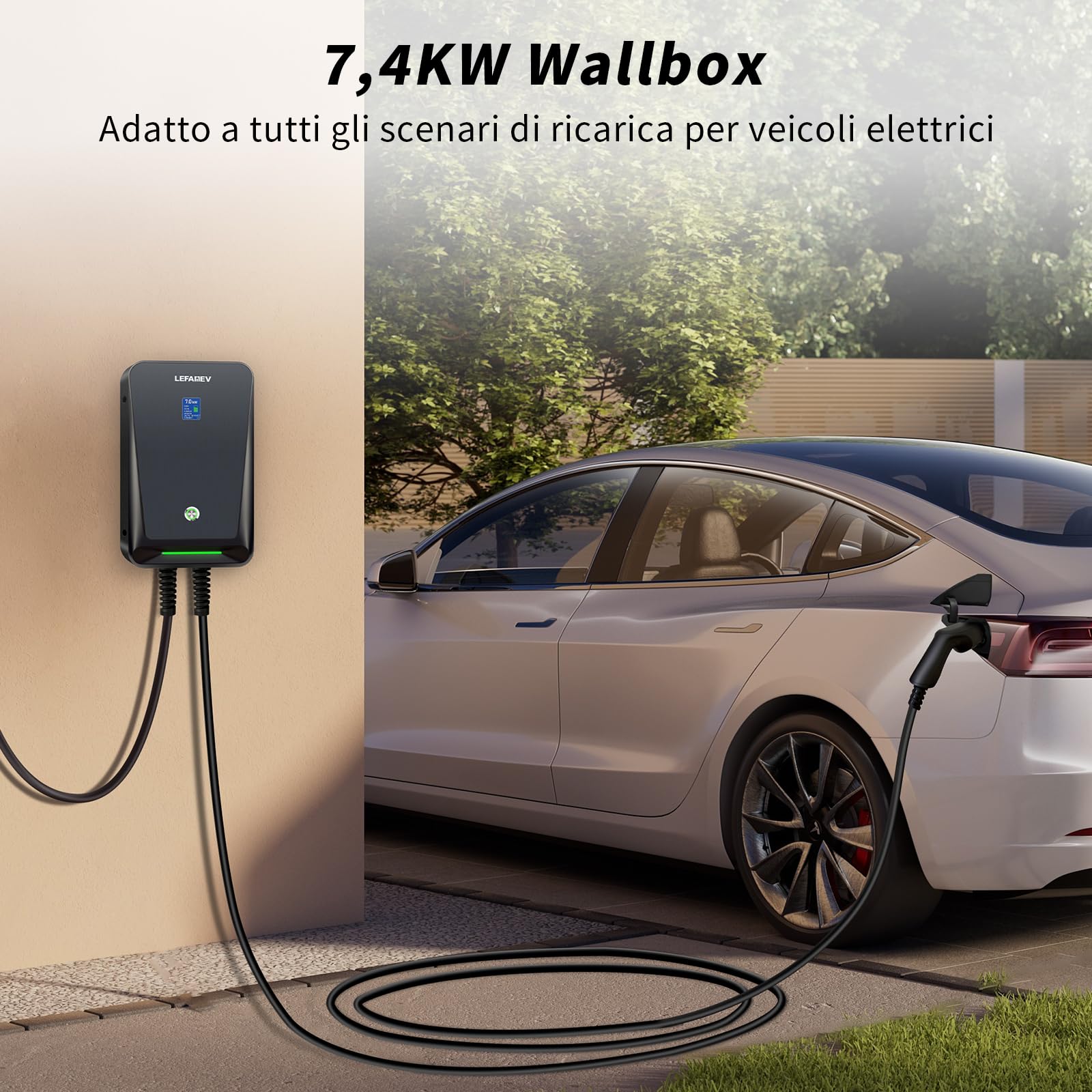 Caricatore EV 7KW, Wallbox Tipo 2 32A per Auto Elettriche, Stazione di Ricarica IP67 con Schermo LCD e Cavo da 6M, Compatibile con Tutti i Veicoli Elettrici e Ibridi Plug-in 7KW