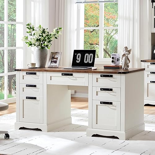 RedLemon 60" Farmhouse Executive Desk with Drawers, Wood Home Office