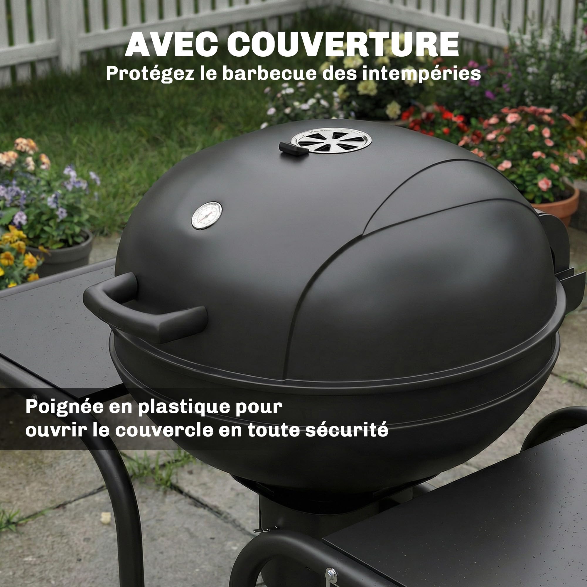 Outsunny Barbecue à charbon Rond avec couvercle Thermomètre Roues Noir | Barbecue Rond Extérieur, Tables Latérales, Étagère Inférieure, Jardin, Terrasse, Charbon De Bois