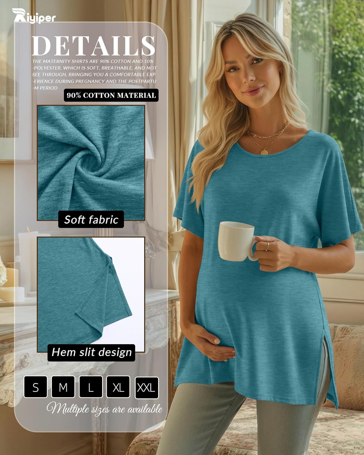 Riyiper 3 Pack Women's Maternity Tunic Shirts Cotton Summer Pregnancy Clothes Loose Oversized Split Side Blouse Tops - Image 3