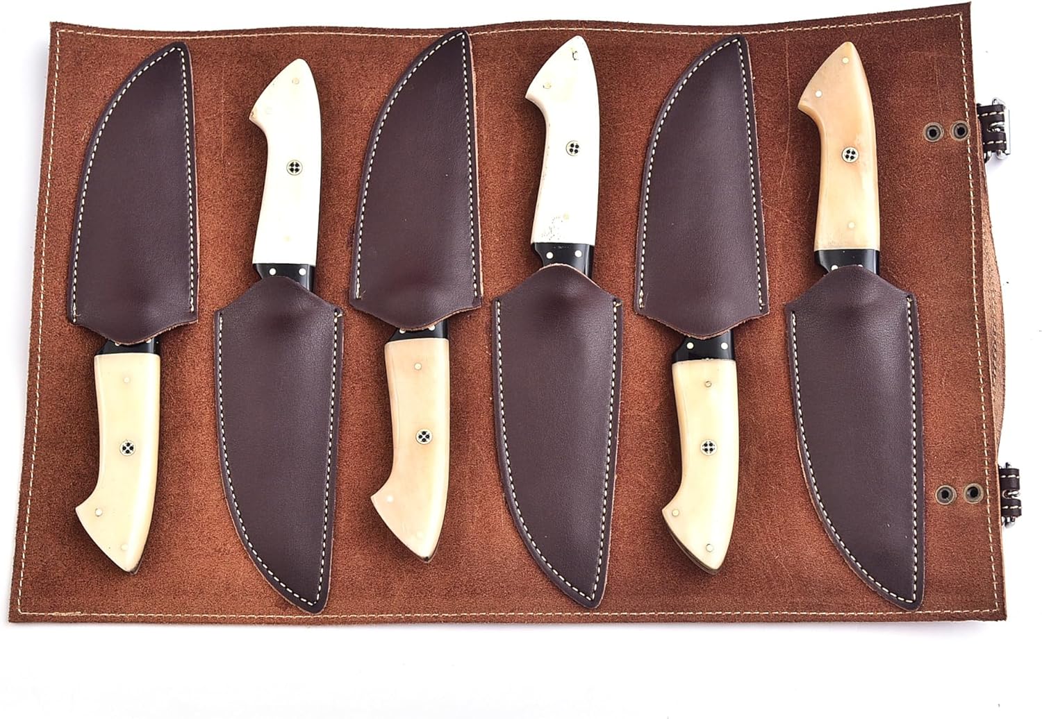 ESOL Professional 6-Piece Damascus Steel Steak Knife Set – Hand-Forged High Carbon Steel with Natural Bone & Mosaic Pin Handles – Luxury Kitchen Dining Set with Genuine Leather Sheath