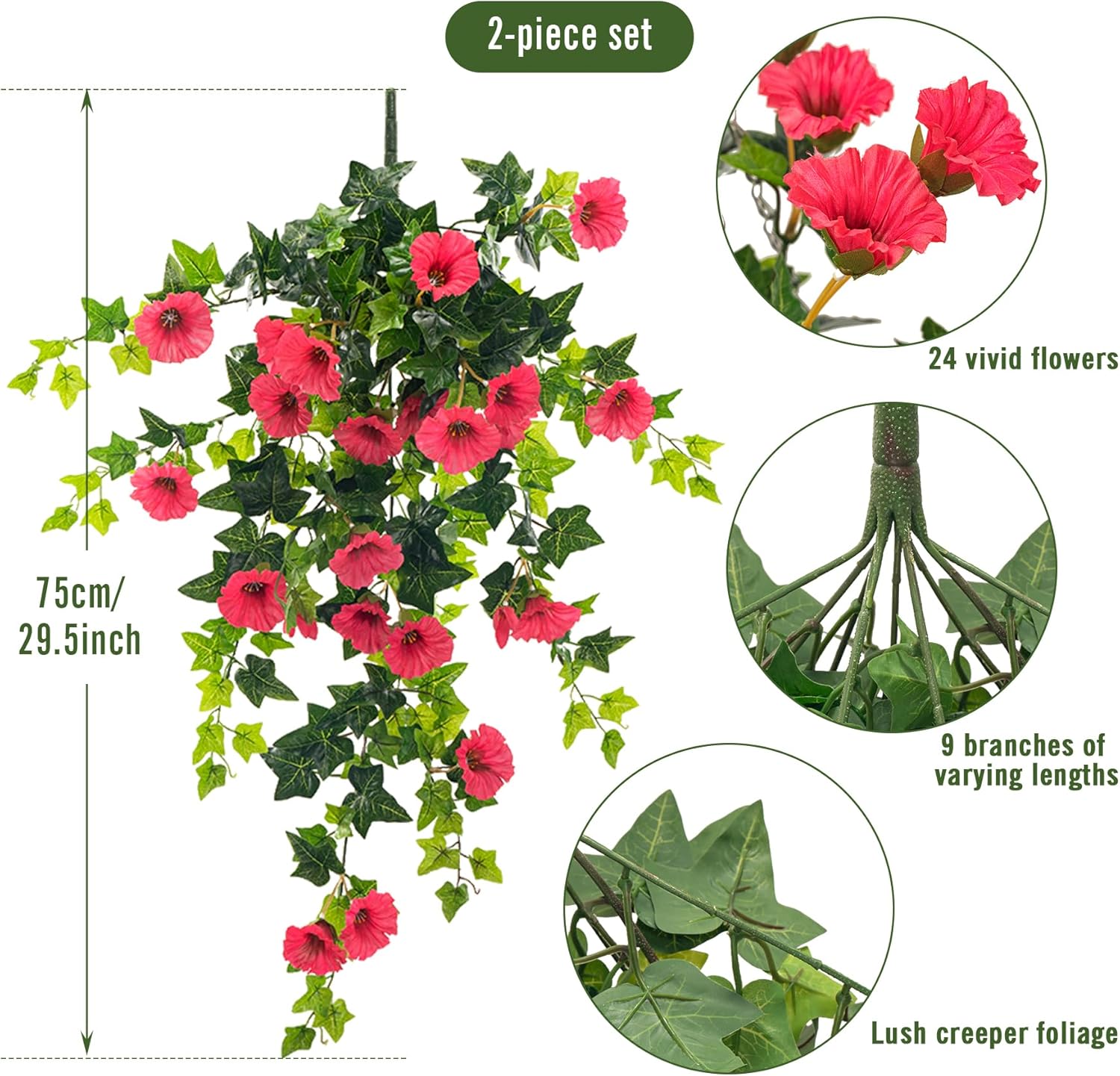 Artificial Flowers Faux Outdoor Plants Artificial Petunias For Outdoors Uv Resistant Fake Petunias Plants Hanging Flower Patio Decor Outside Basket Realistic Silk Plant No Pot(Rose Red 2pcs) - Image 2