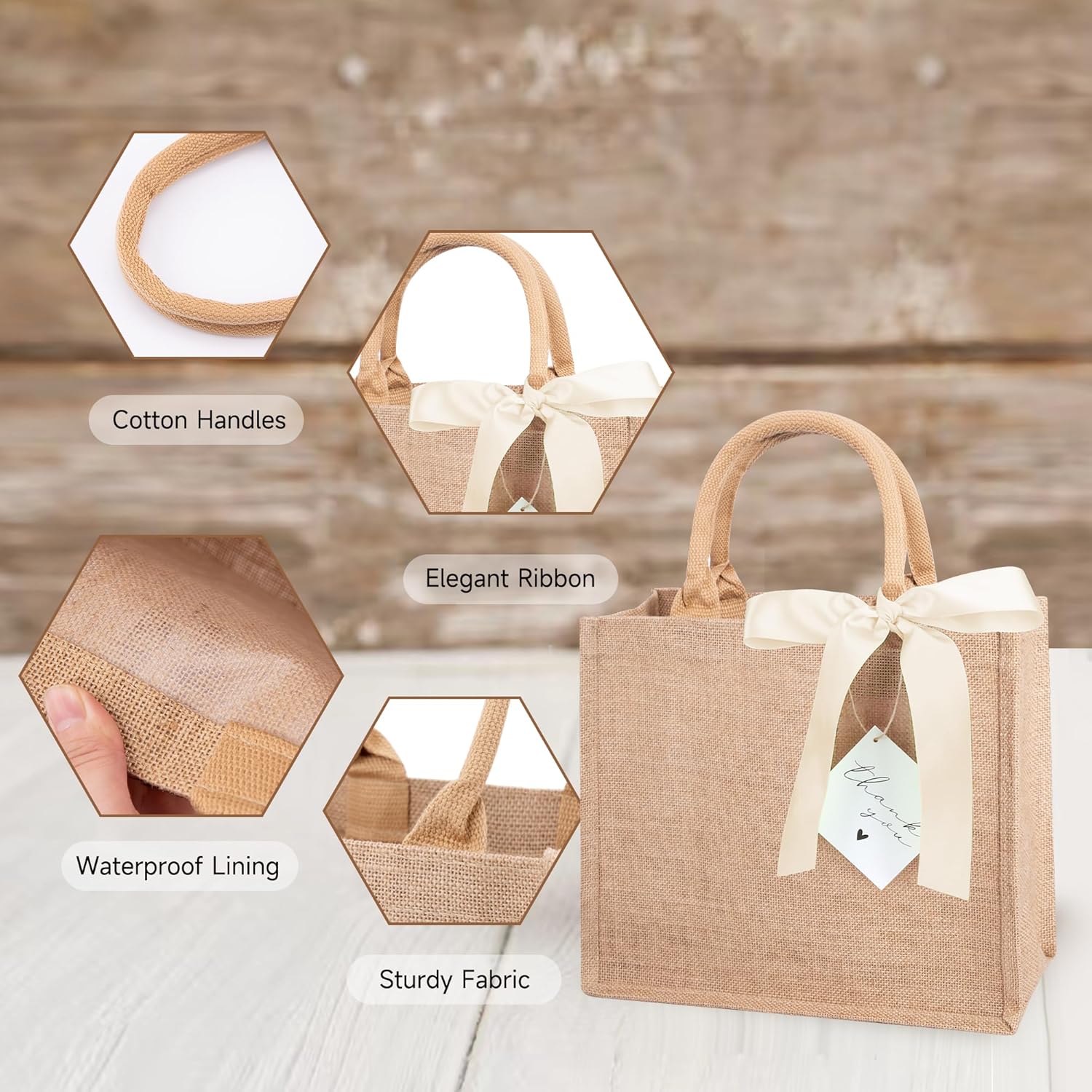 6 Pack Burlap Tote Bags with Handles Reusable Medium Jute Gift Bags with Light Beige Silk Ribbons Waterproof Lining for Wedding Bridesmaid Mother's Day Bachelorette Beach Party