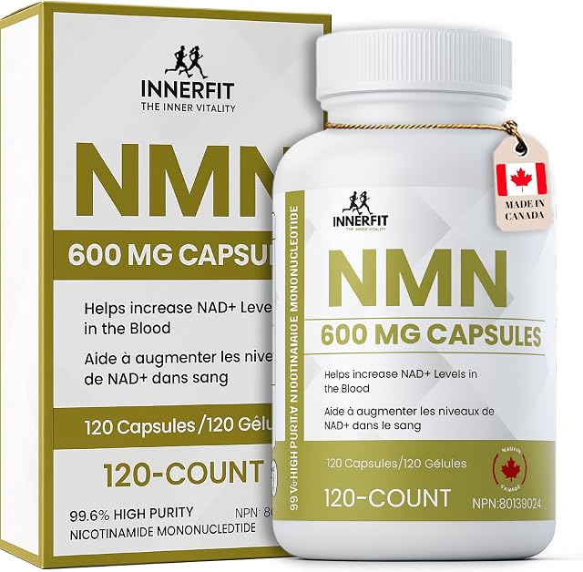 NMN Ultra High Purity 600 mg per Capsule, 4 Month Supply - NAD+ Booster Industry Highest, 99% NMN Nicotinamide Mononucleotide Supplement. Made in Canada. Boosts Cellular Energy & Metabolism. 120 Capsules.