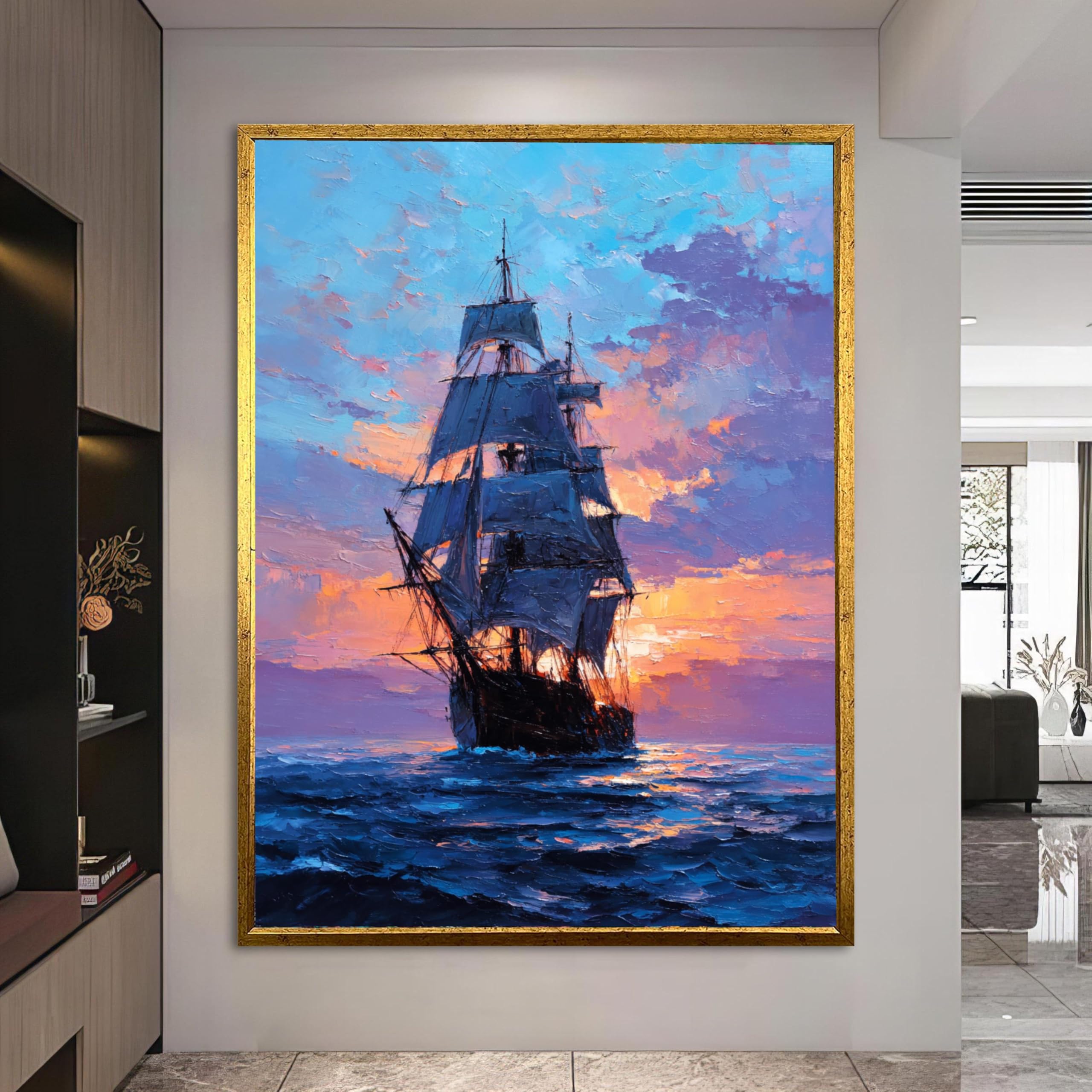 Yusuzhu Frameless Majestic Sailing Ship At Sunset Canvas, Ocean Wave Wall Art, Nautical Decor, Seascape Painting Canvas, Maritime Decor(50X75cm/Frameless)