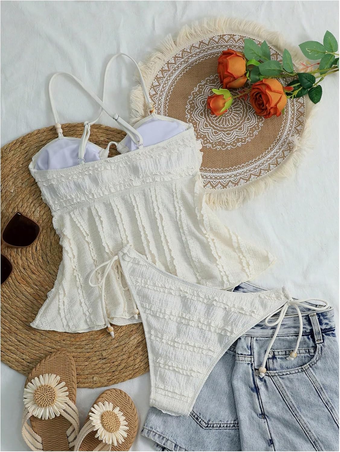 MakeMeChic Women's Ruffle Tankini Swimsuits Criss Cross Tie Front Cut Out 2 Piece Bathing Suit