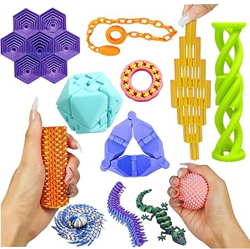12 Pack 3D Printed Fidget Toys Set, Assorted Sensory Fidgets with Honeycomb, Chain Spinner & Elongated Cube, Stress Relief Desk Toys Gifts for Adults Teens