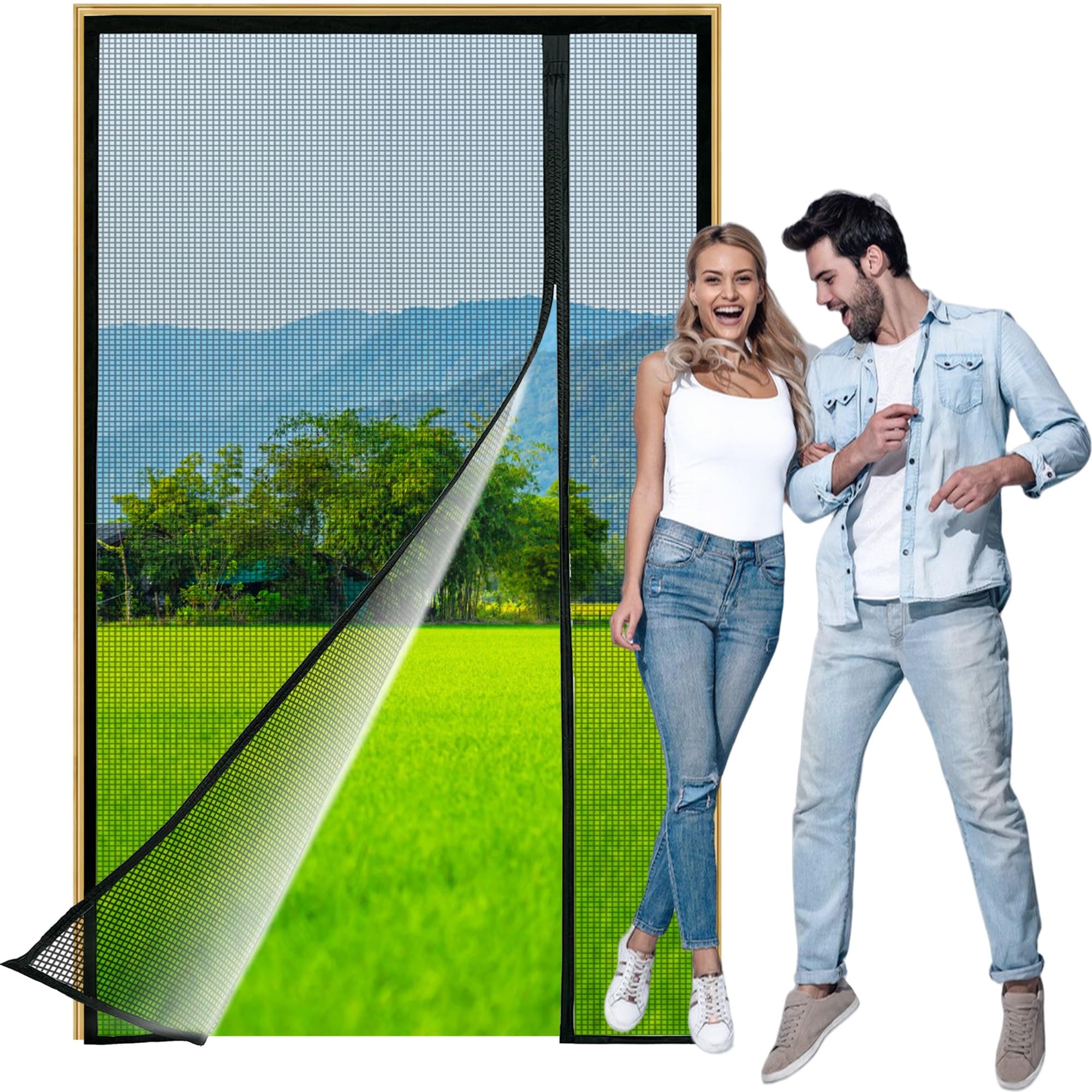 Zlhloj Side Opening Fly Screens for Doors, 95x190 cm Custom Sizes Magnetic Screen Door for French/Sliding Glass/Patio Doors, Anti-Tearing Reinforced nsect Fly Mesh Black