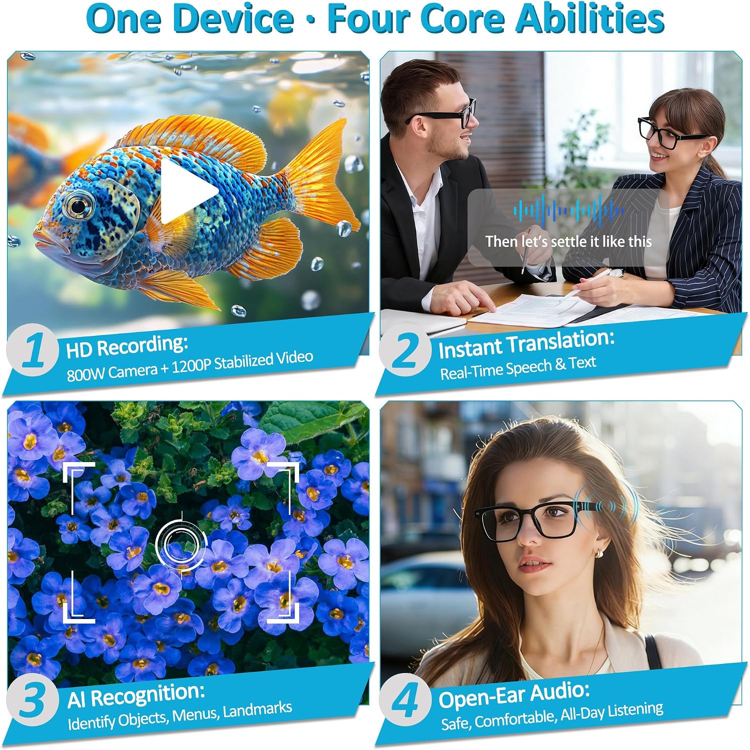 AI Smart Glasses with 8MP Camera, 6-Axis EIS 1200P Video Recording Sunglasses, Bluetooth 5.4 Open-Ear Audio with ChatGPT Translation for Cycling & Vlogging, 42g Lightweight